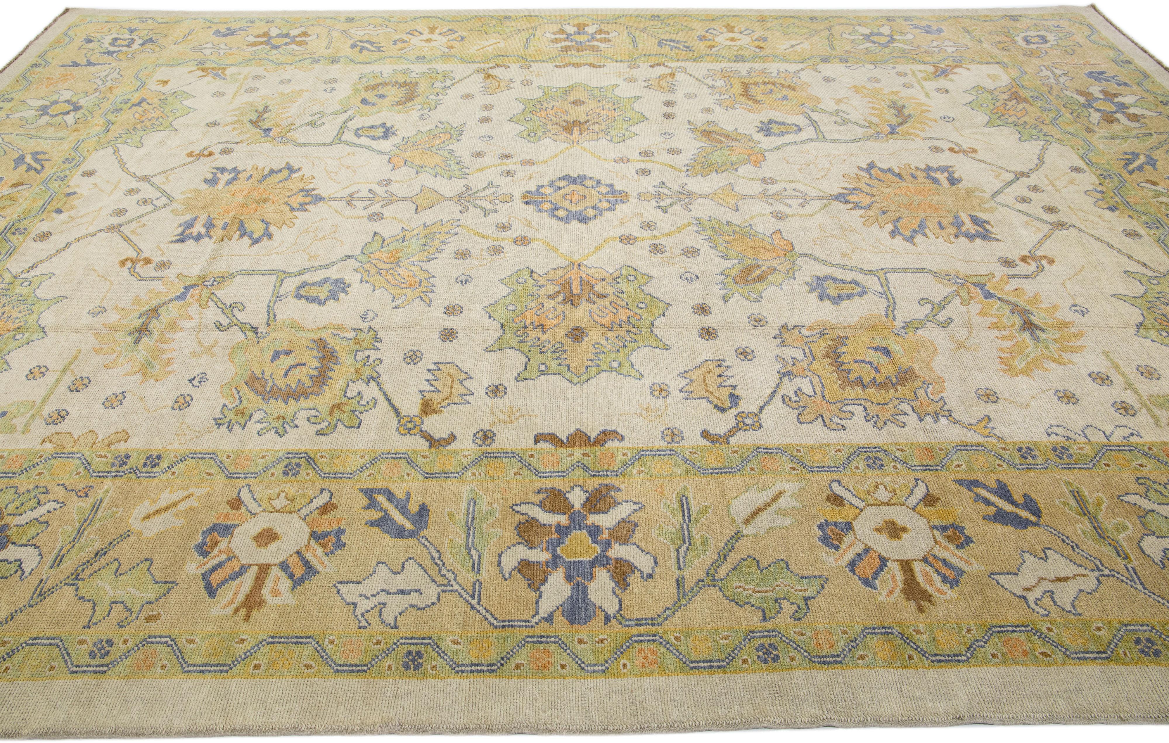 Contemporary Modern Turkish Oushak Beige Handmade Floral Wool Rug For Sale