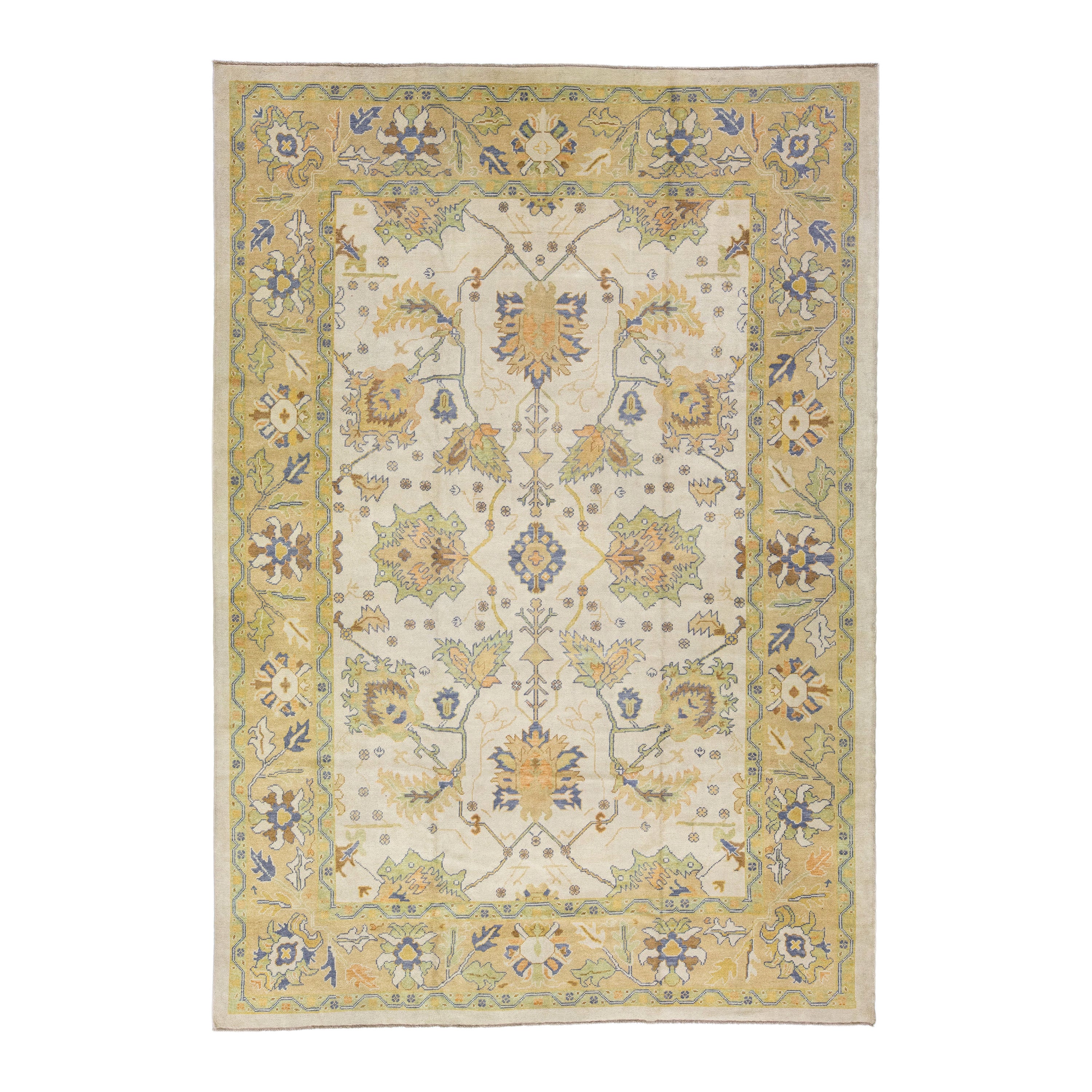 Tappeto moderno turco Oushak Beige in lana floreale fatto a mano