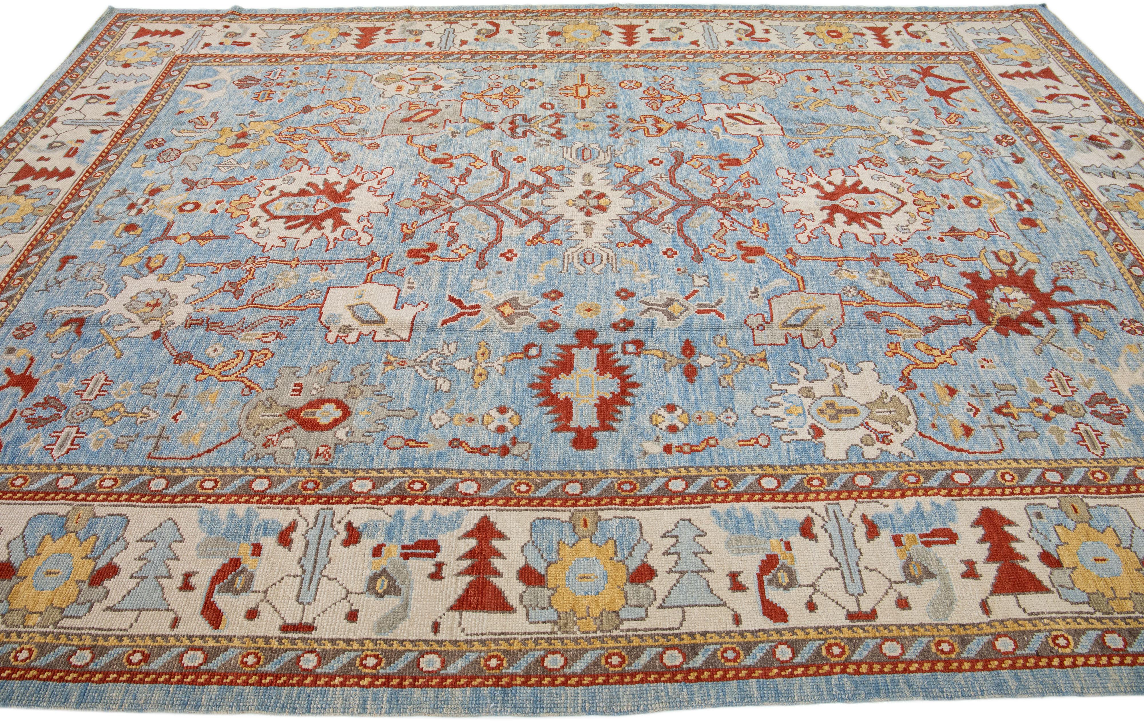 Modern Turkish Oushak  Blue Handmade Allover Floral Wool Rug In New Condition For Sale In Norwalk, CT