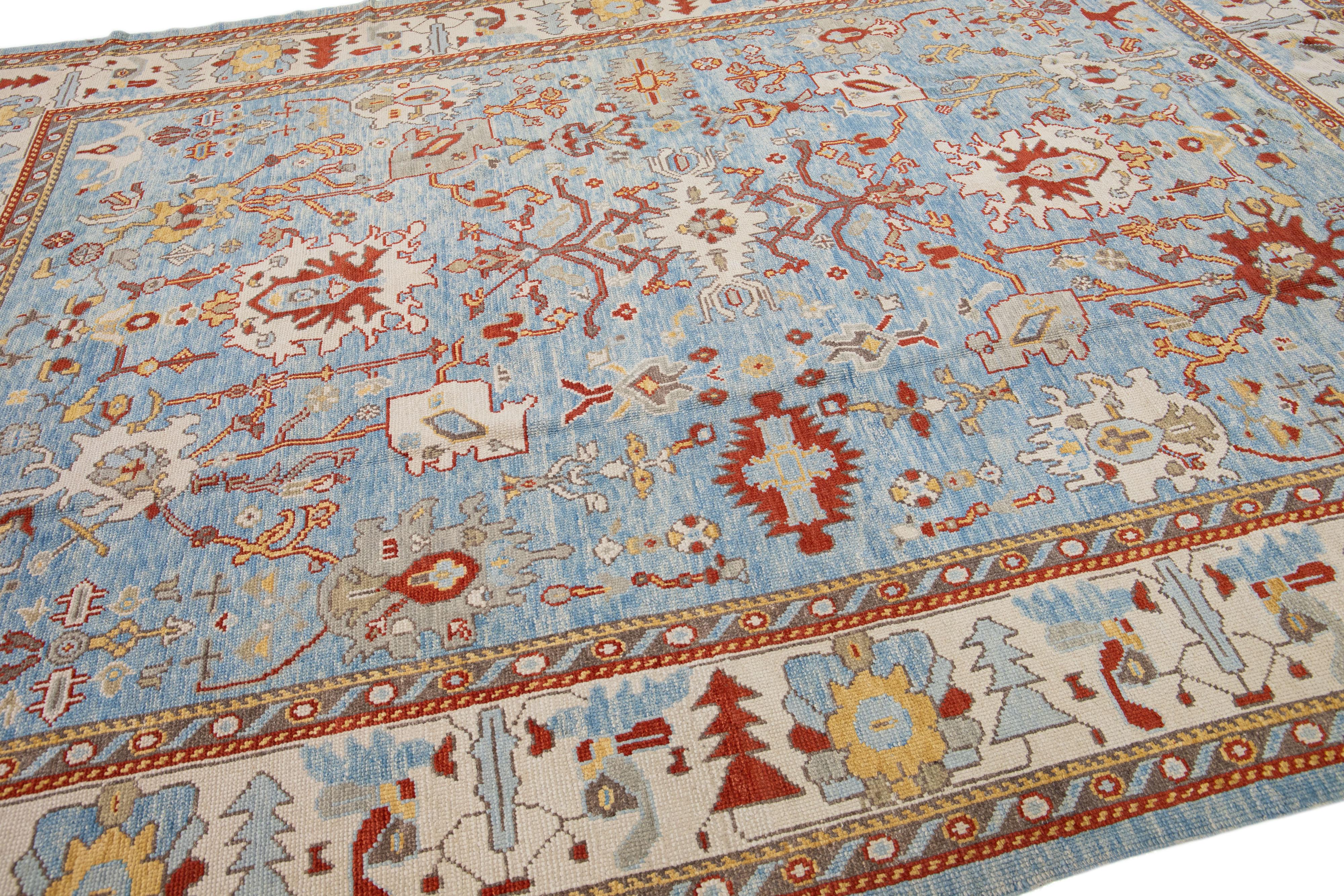 Contemporary Modern Turkish Oushak  Blue Handmade Allover Floral Wool Rug For Sale
