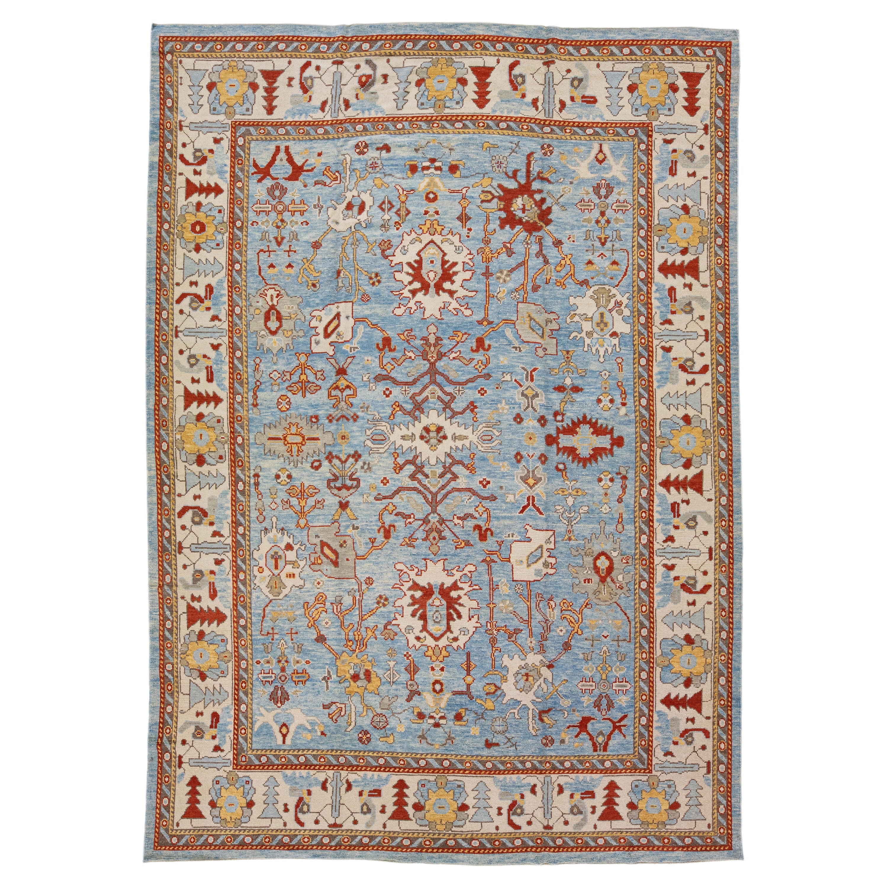 Trkisches Oushak der Moderne  Blauer handgefertigter Allover-Teppich aus Wolle mit Blumenmuster