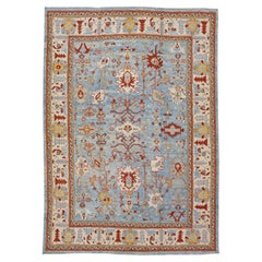 Trkisches Oushak der Moderne  Blauer handgefertigter Allover-Teppich aus Wolle mit Blumenmuster
