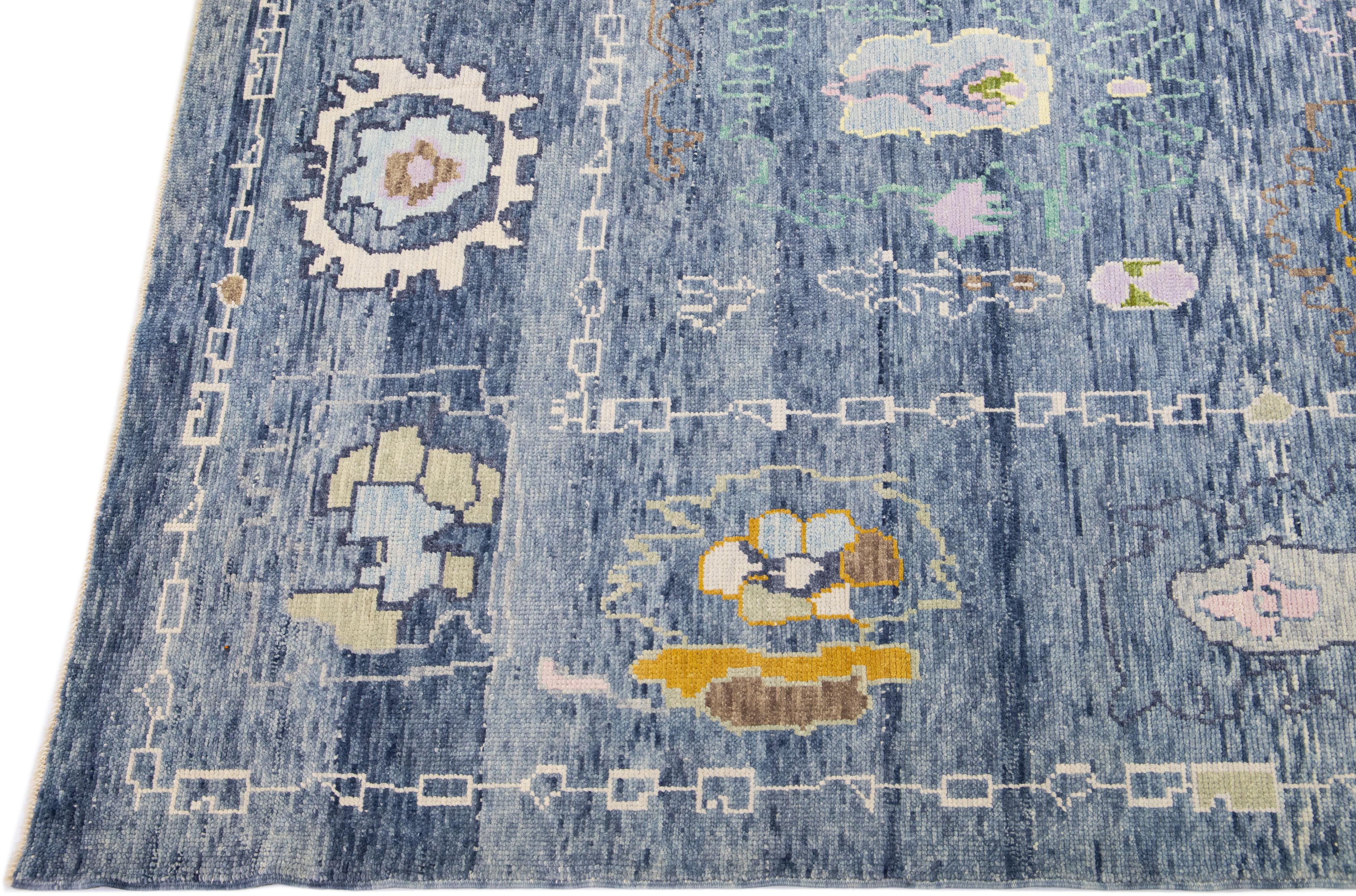 Modern Turkish Oushak Blue Handmade Floral Designed Wool Rug In New Condition For Sale In Norwalk, CT