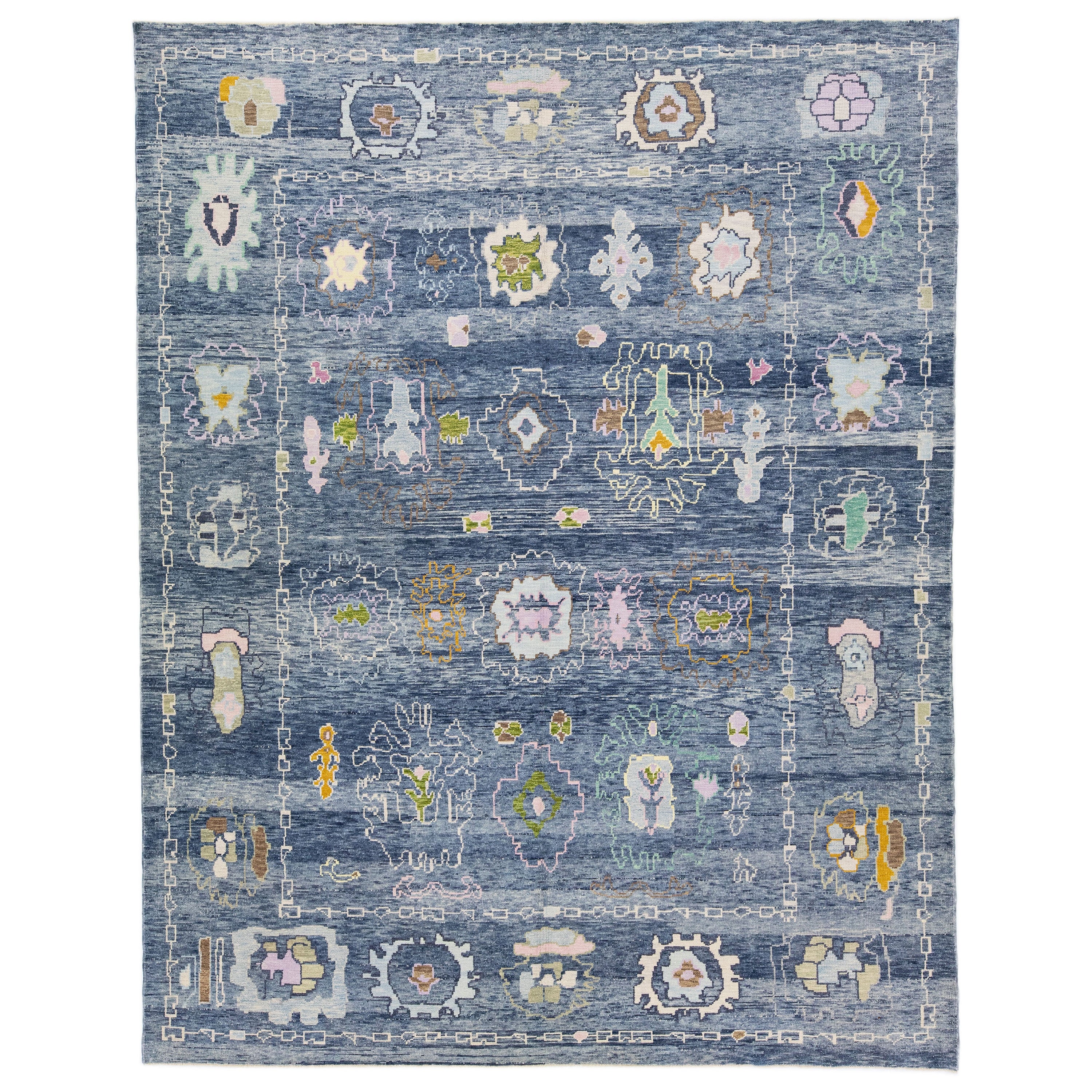 Tapis moderne turc Oushak bleu en laine à motifs floraux fait à la main