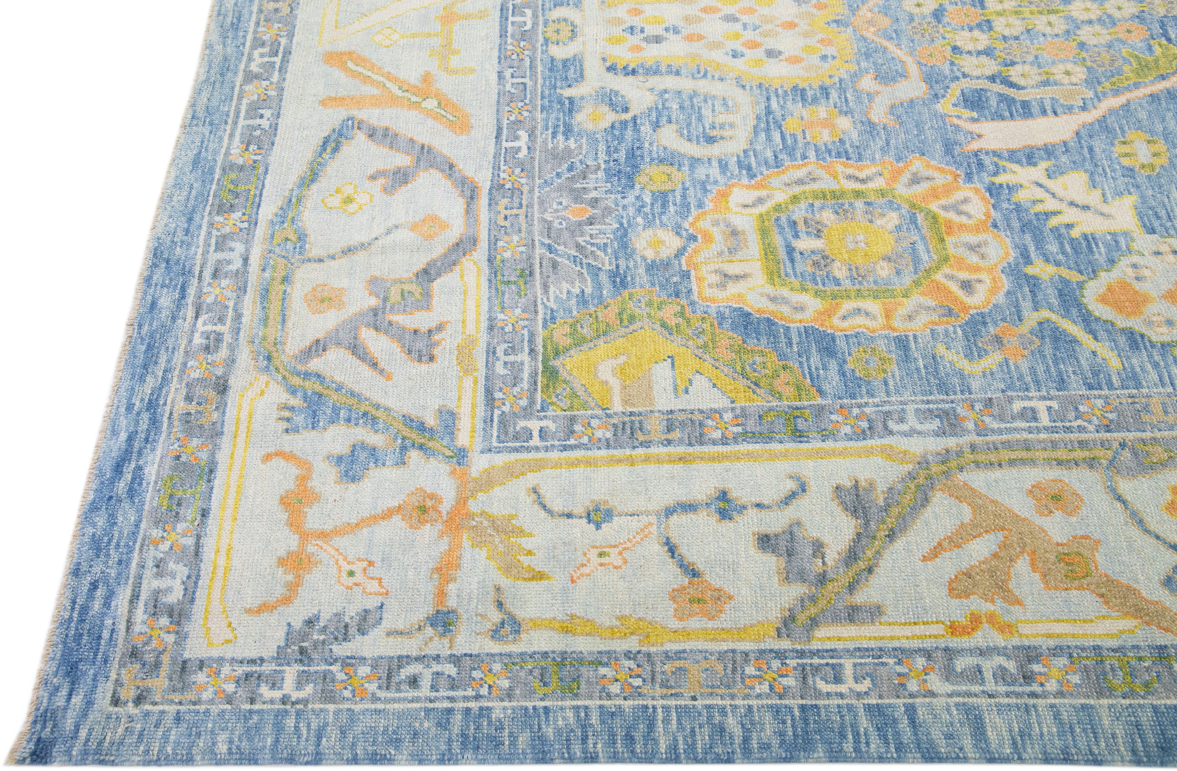 Modern Turkish Oushak Blue Handmade Wool Rug With Floral Motif In New Condition For Sale In Norwalk, CT