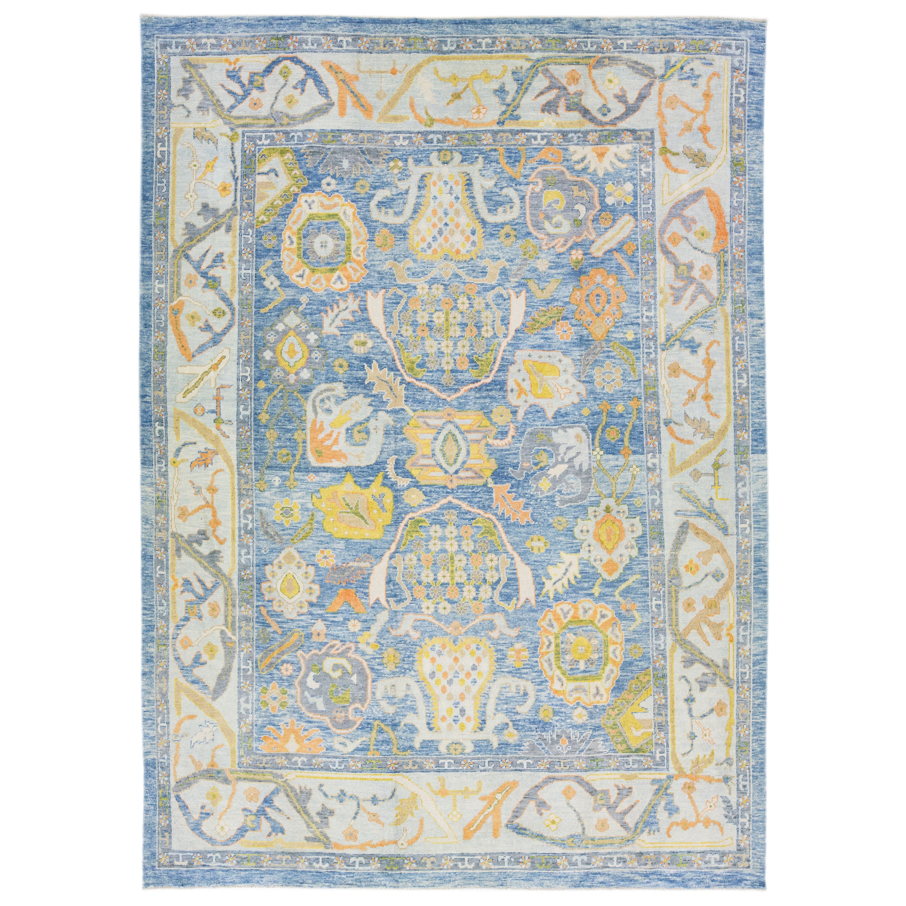 Moderner moderner türkischer handgefertigter Oushak-Blauer Wollteppich mit Blumenmotiv