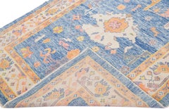 Modern Turkish Oushak Blue & Orange Handmade Designed Wool Runner