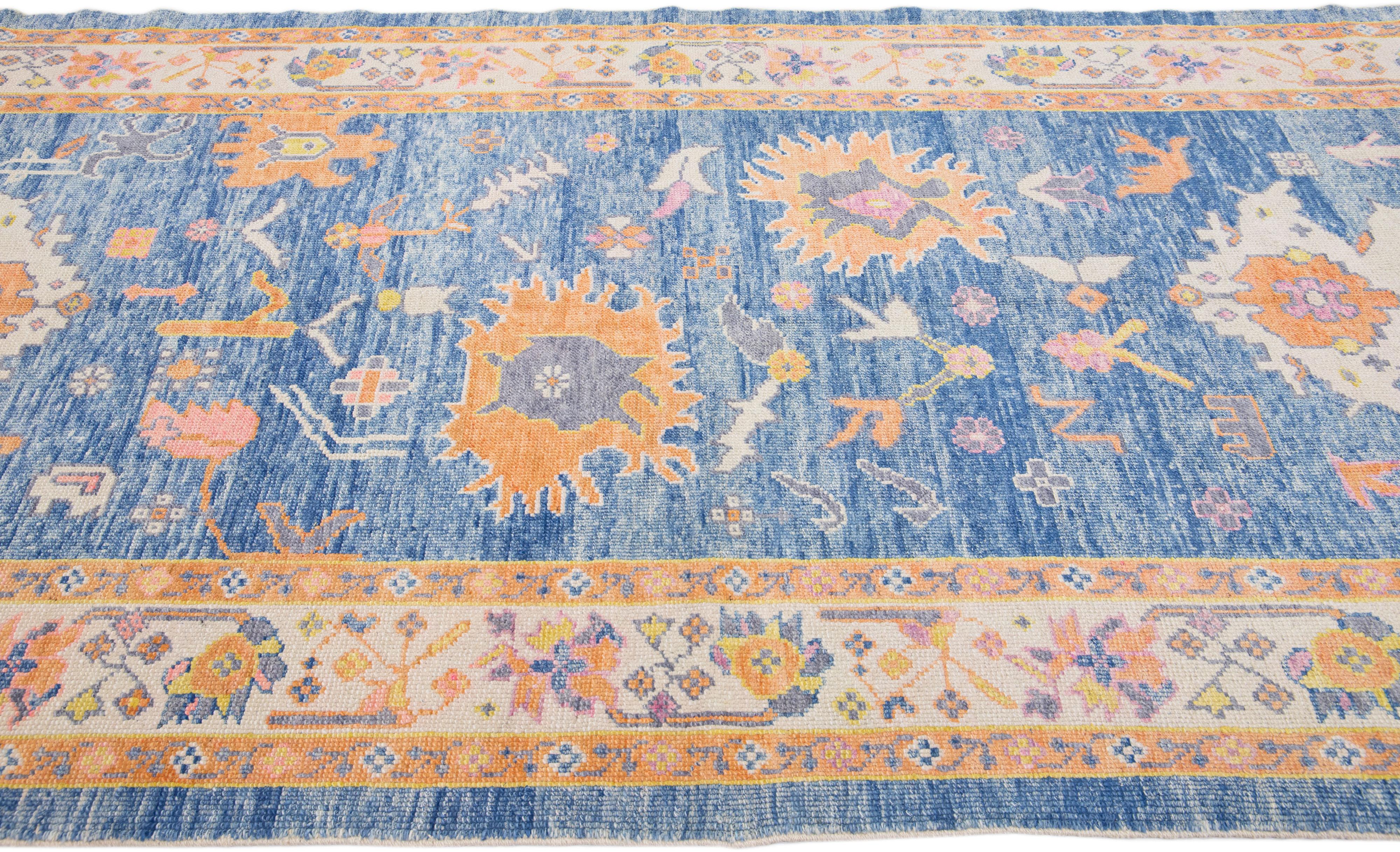 Modern Turkish Oushak Blue & Orange Handmade Designed Wool Runner For Sale 1