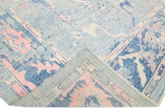 Modern Turkish Oushak Blue & Pink Handmade Designed Wool Rug