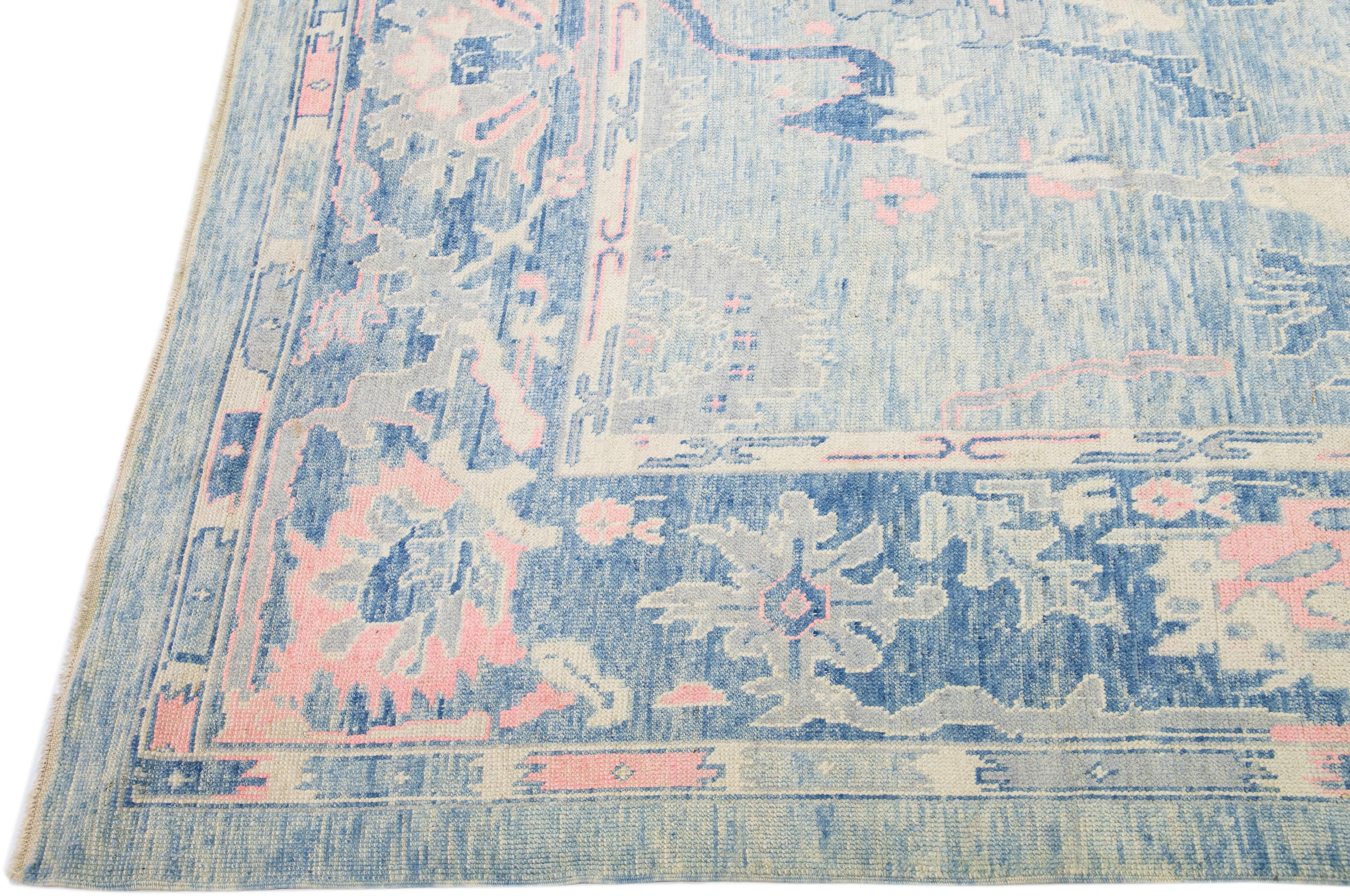 Modern Turkish Oushak Blue & Pink Handmade Designed Wool Rug In New Condition For Sale In Norwalk, CT