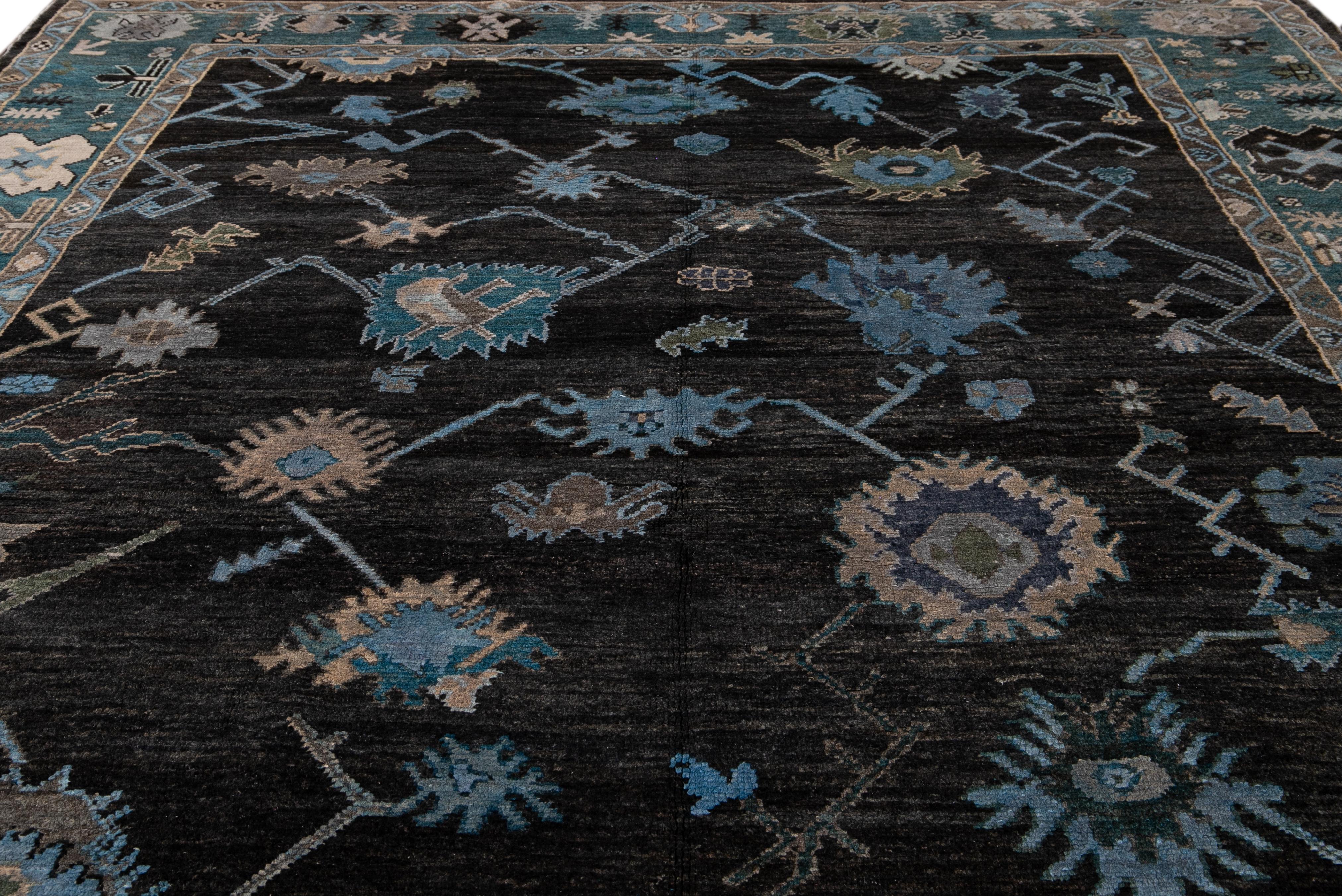Hand-Knotted Modern Turkish Oushak Black and Blue Handmade Floral Wool Rug For Sale