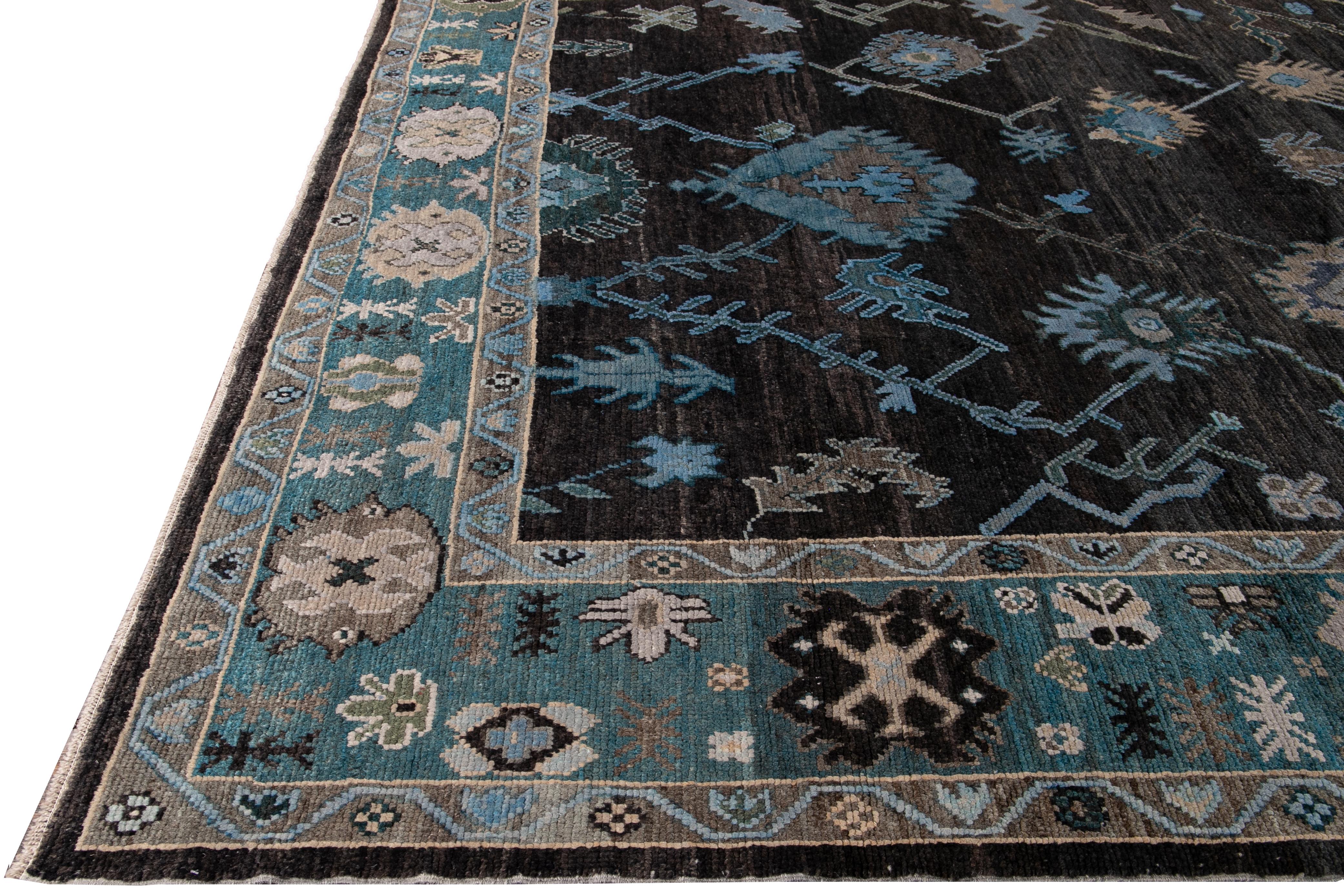 Modern Turkish Oushak Black and Blue Handmade Floral Wool Rug In New Condition For Sale In Norwalk, CT