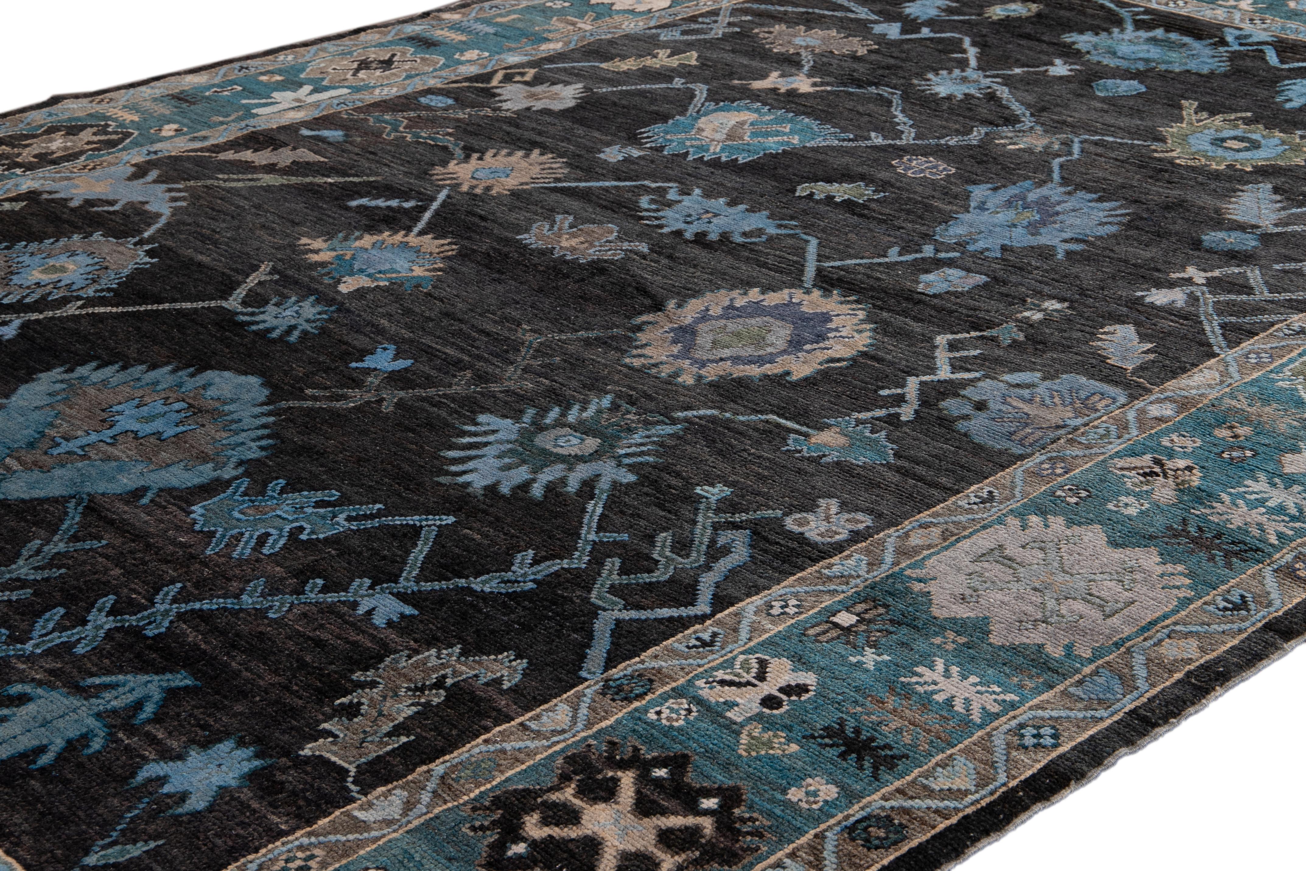 Contemporary Modern Turkish Oushak Black and Blue Handmade Floral Wool Rug For Sale