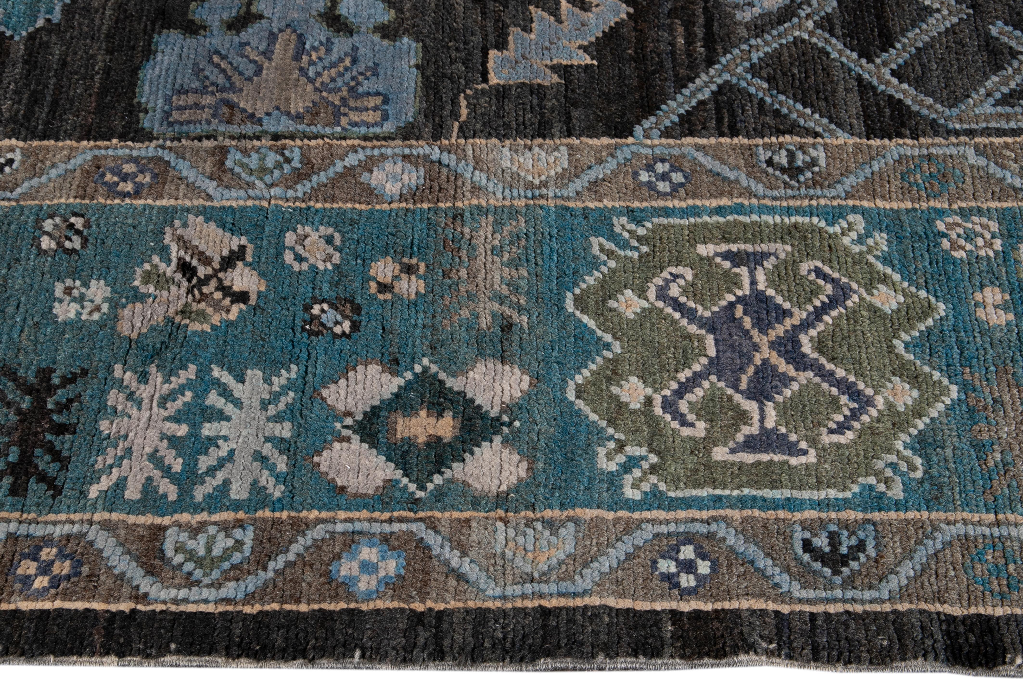 Modern Turkish Oushak Black and Blue Handmade Floral Wool Rug For Sale 3