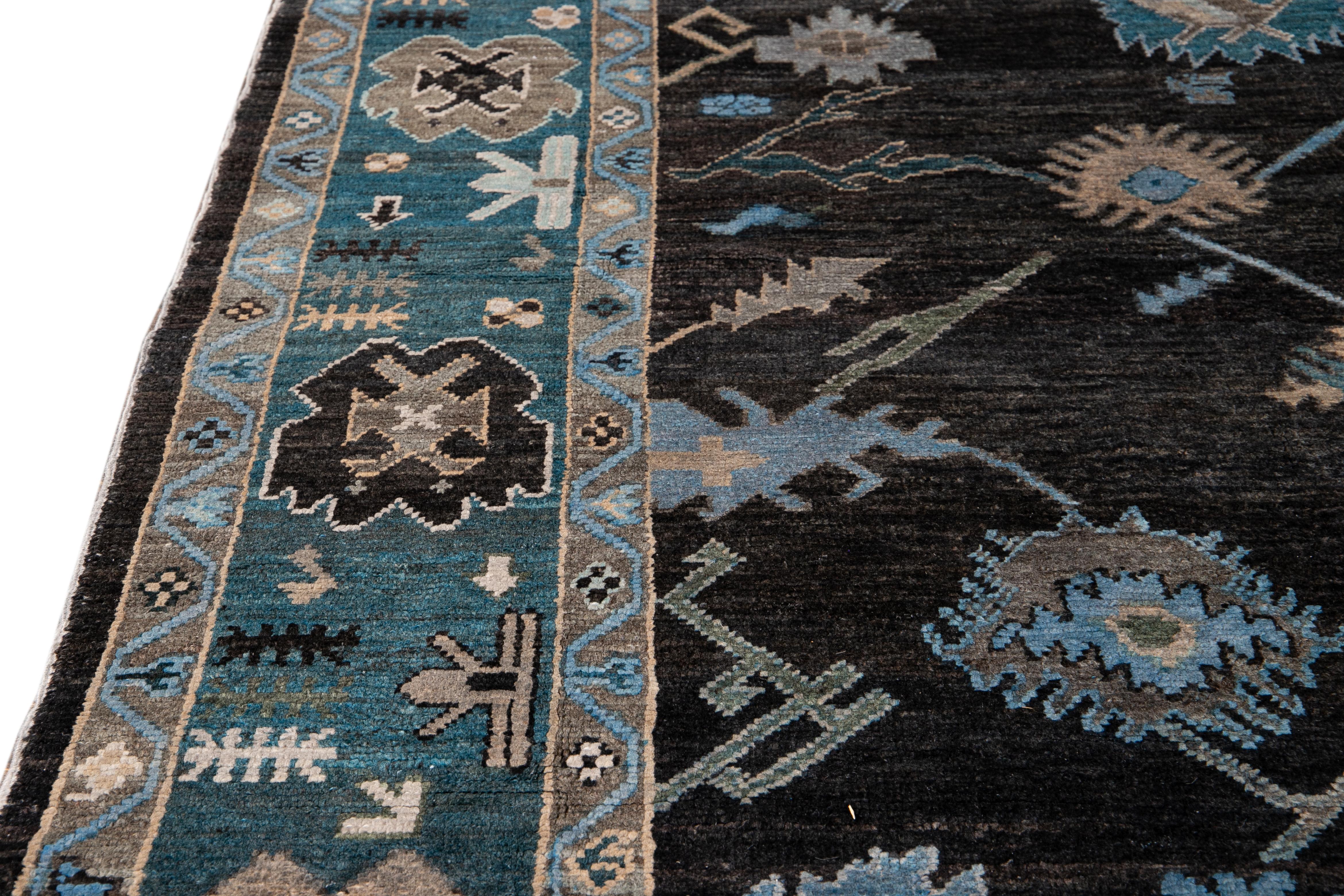 Modern Turkish Oushak Black and Blue Handmade Floral Wool Rug For Sale 4