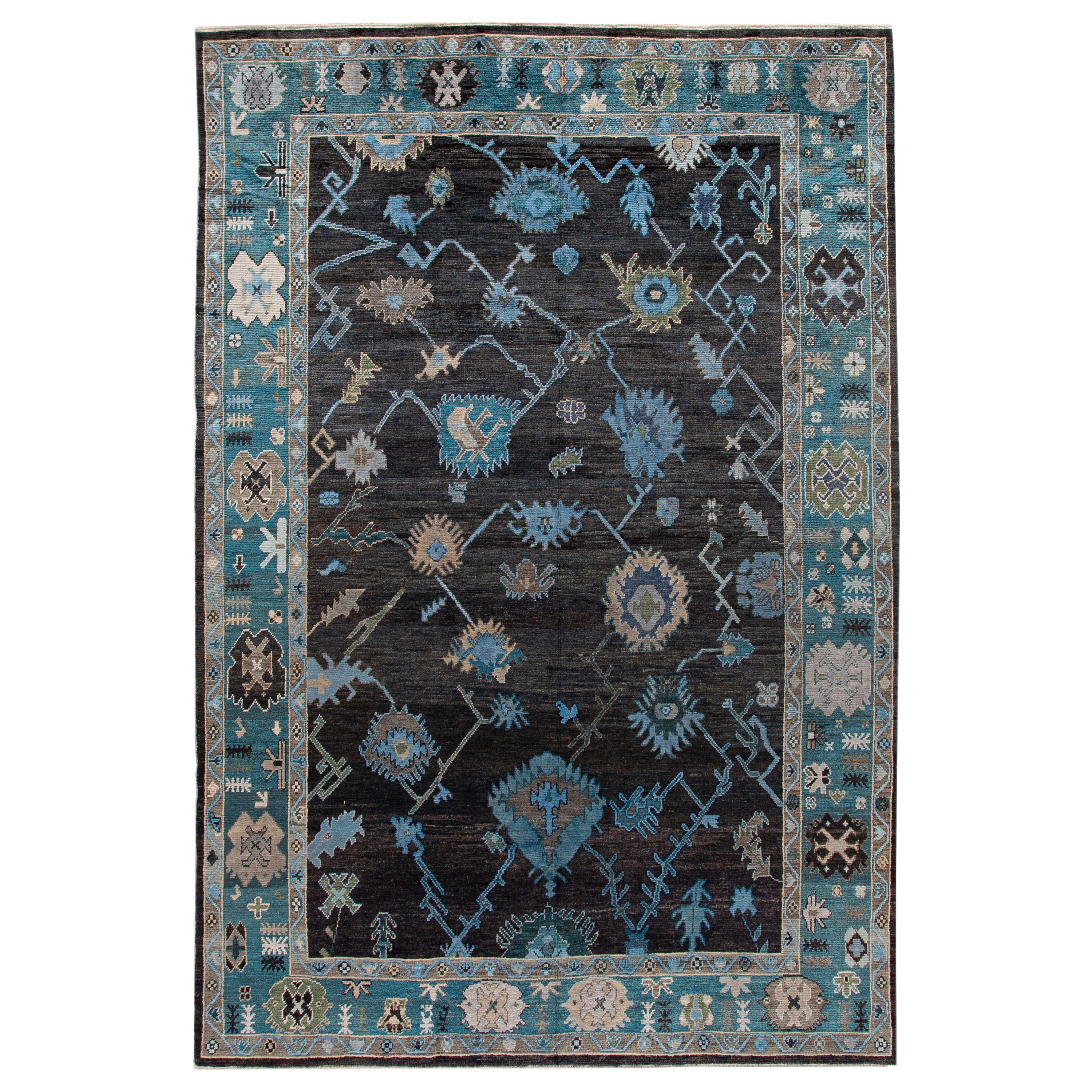 Modern Turkish Oushak Black and Blue Handmade Floral Wool Rug For Sale