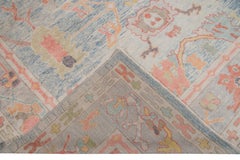 Modern Turkish Oushak Floral Blue Handmade Wool Rug