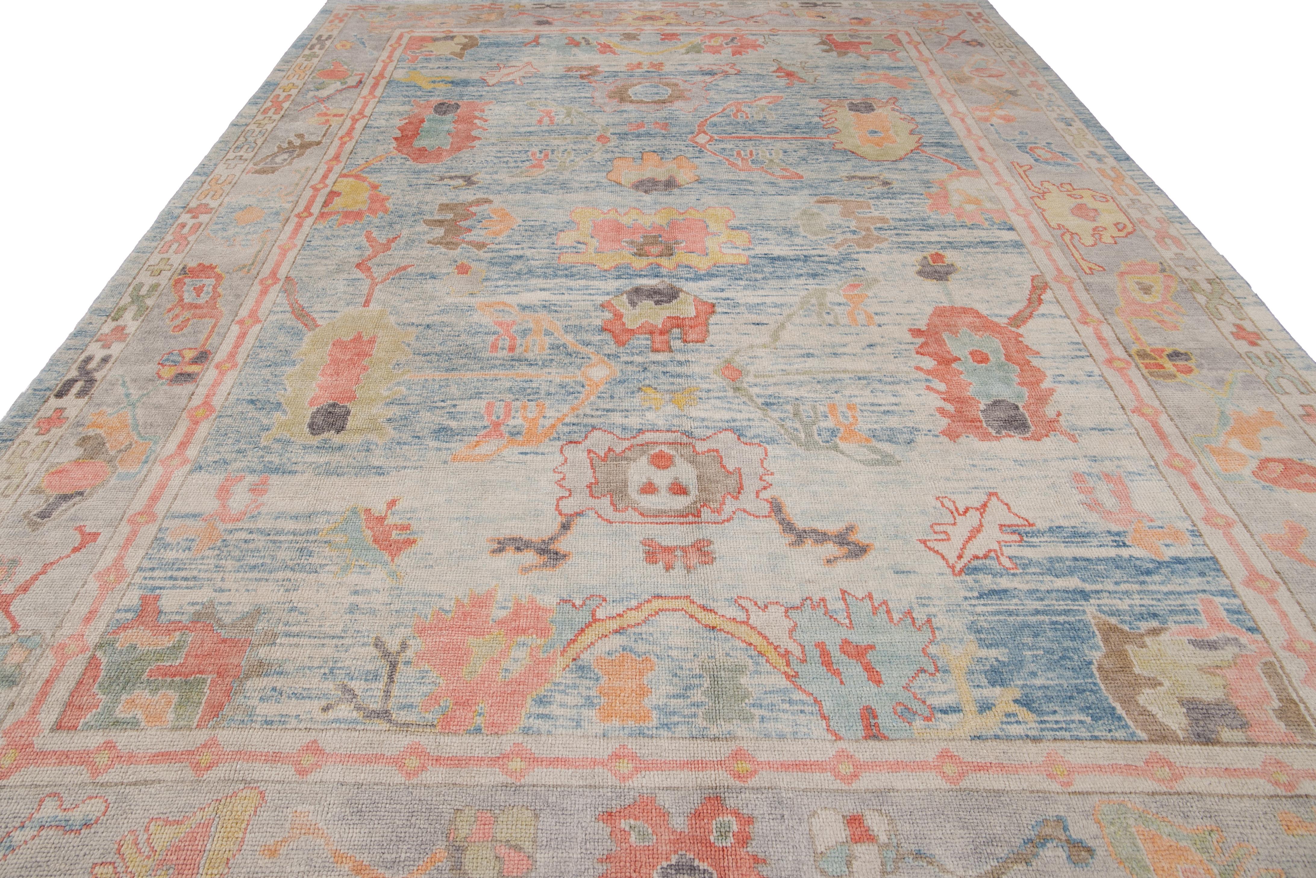 Hand-Knotted Modern Turkish Oushak Floral Blue Handmade Wool Rug For Sale