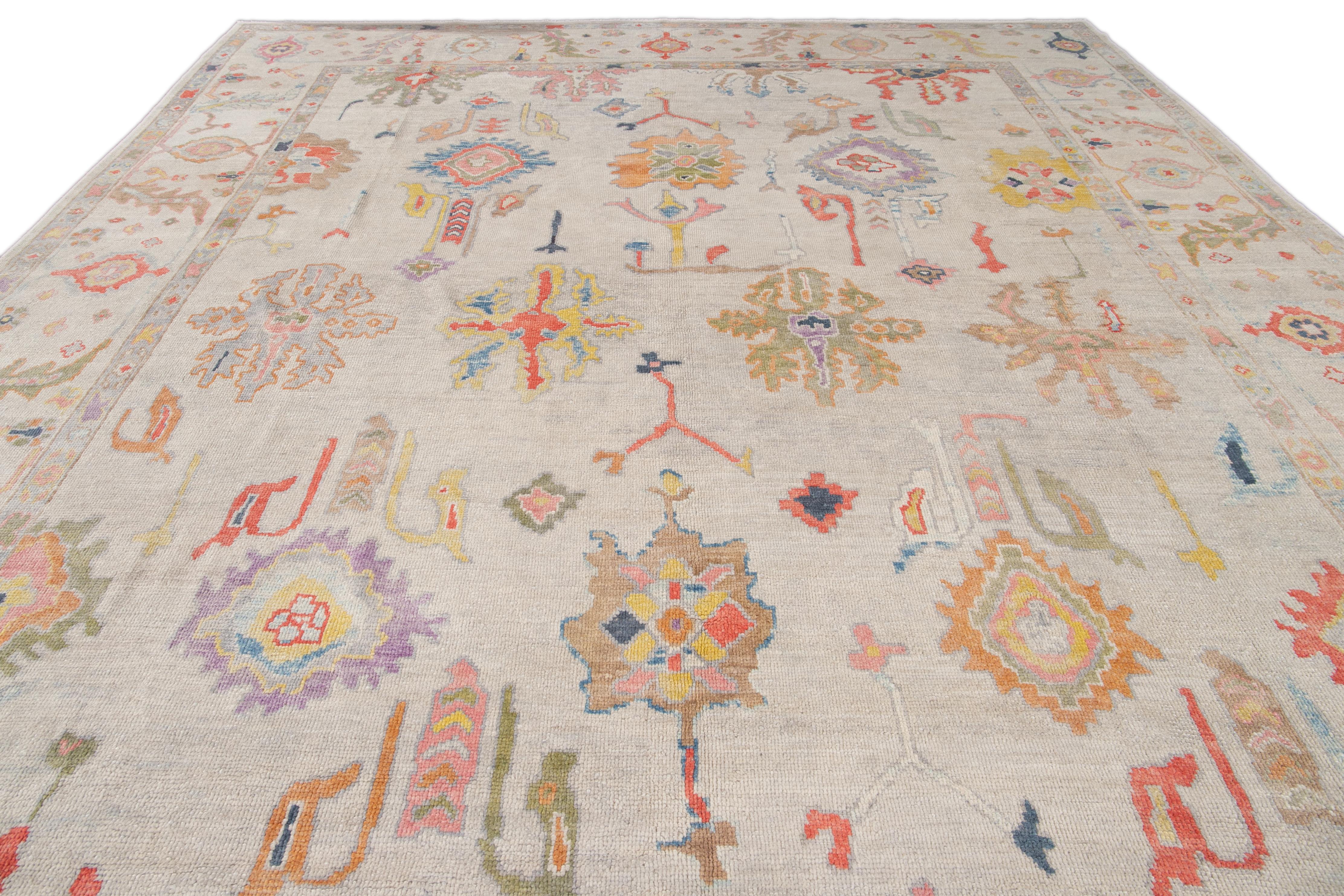 Hand-Knotted Modern Turkish Oushak Floral Colorful Handmade Wool Rug