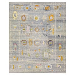 Modern Turkish Oushak Floral Handmade Light Grey Oversize Wool Rug