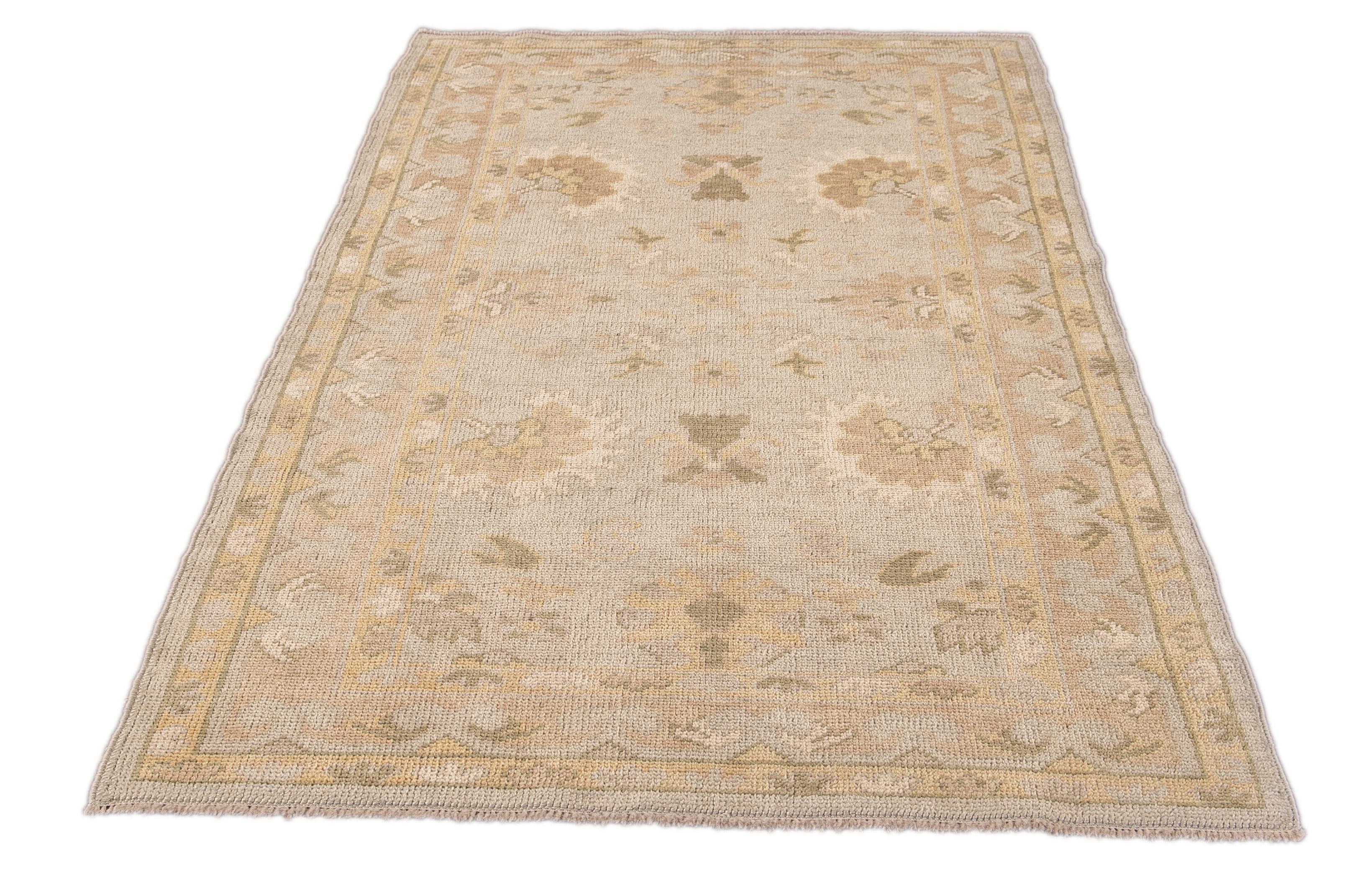 Hand-Knotted Modern Turkish Oushak Gray and Yellow Handmade Floral Wool Rug For Sale