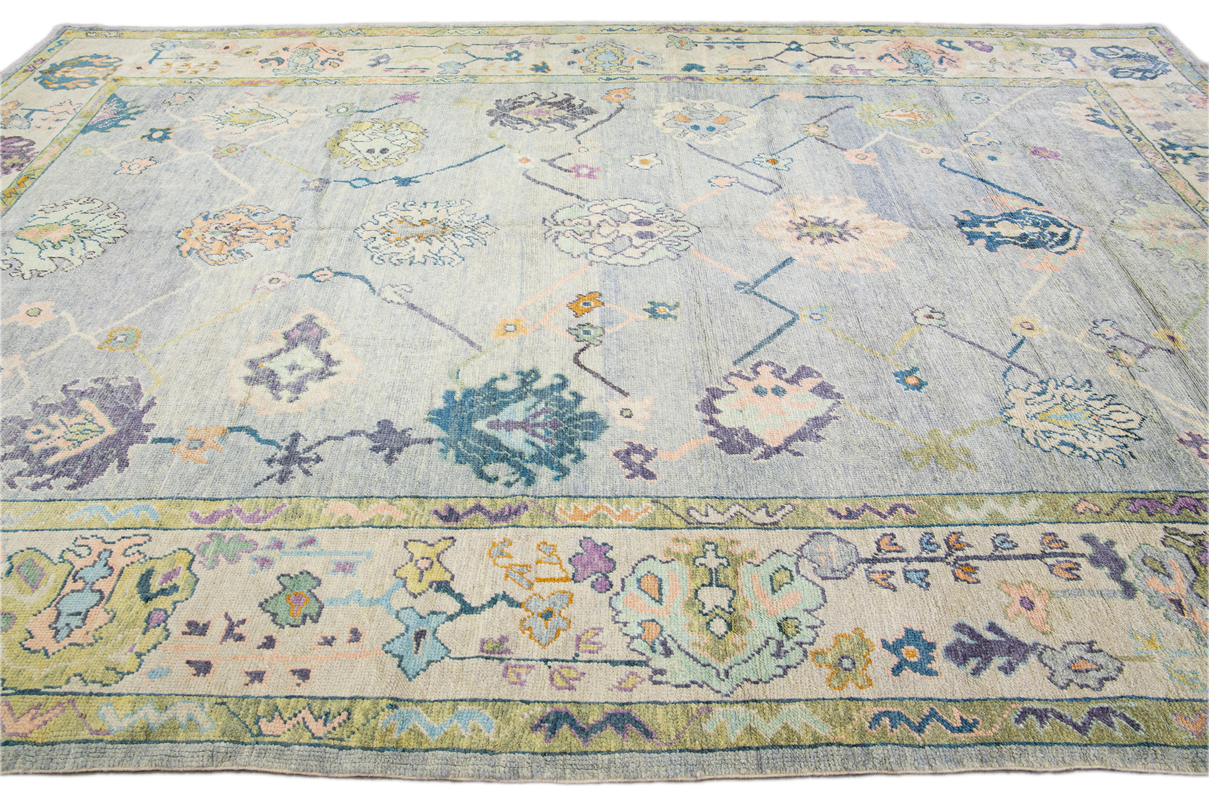 Contemporary Modern Turkish Oushak Gray Handmade Floral Oversize Wool Rug