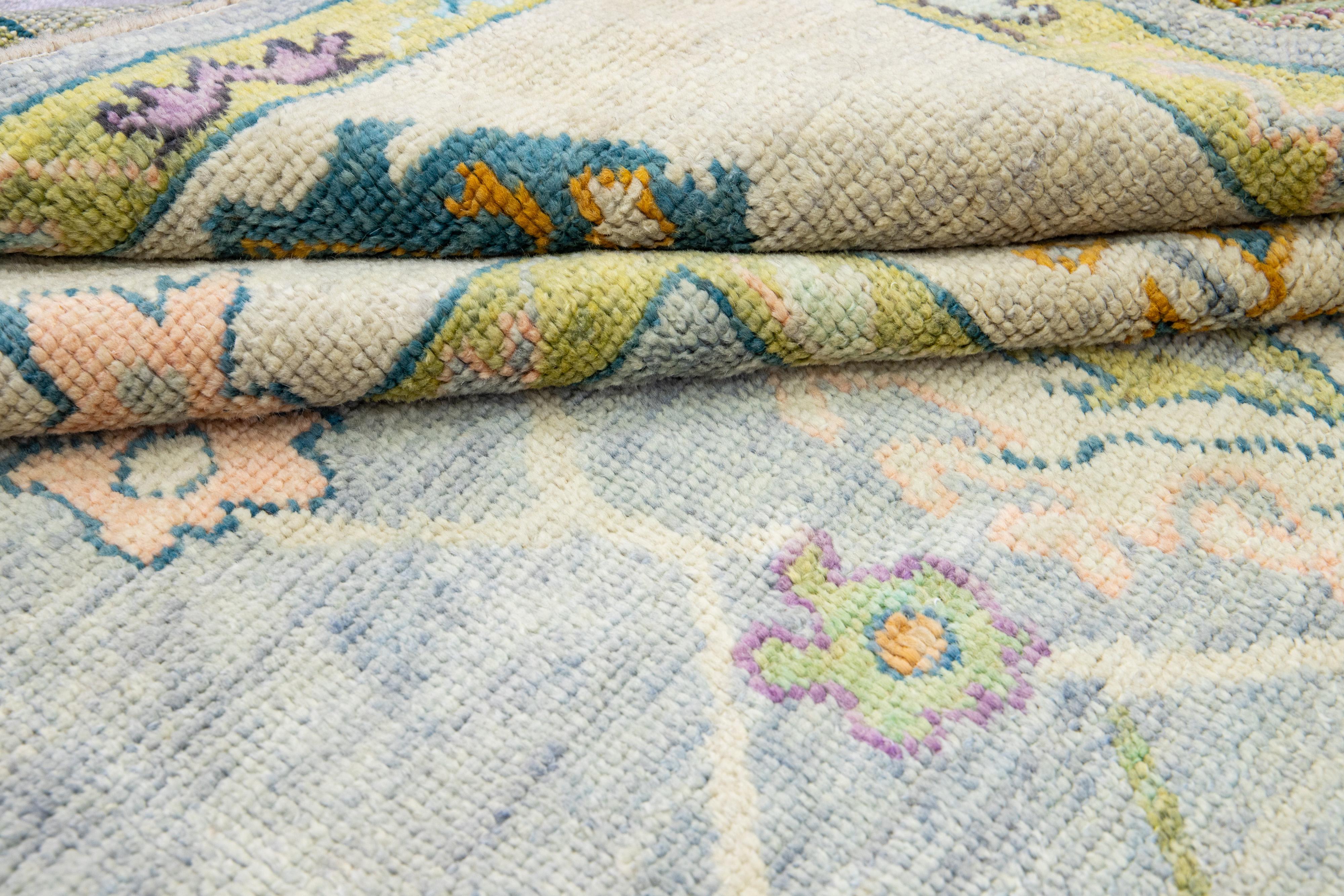 Modern Turkish Oushak Gray Handmade Floral Oversize Wool Rug 1