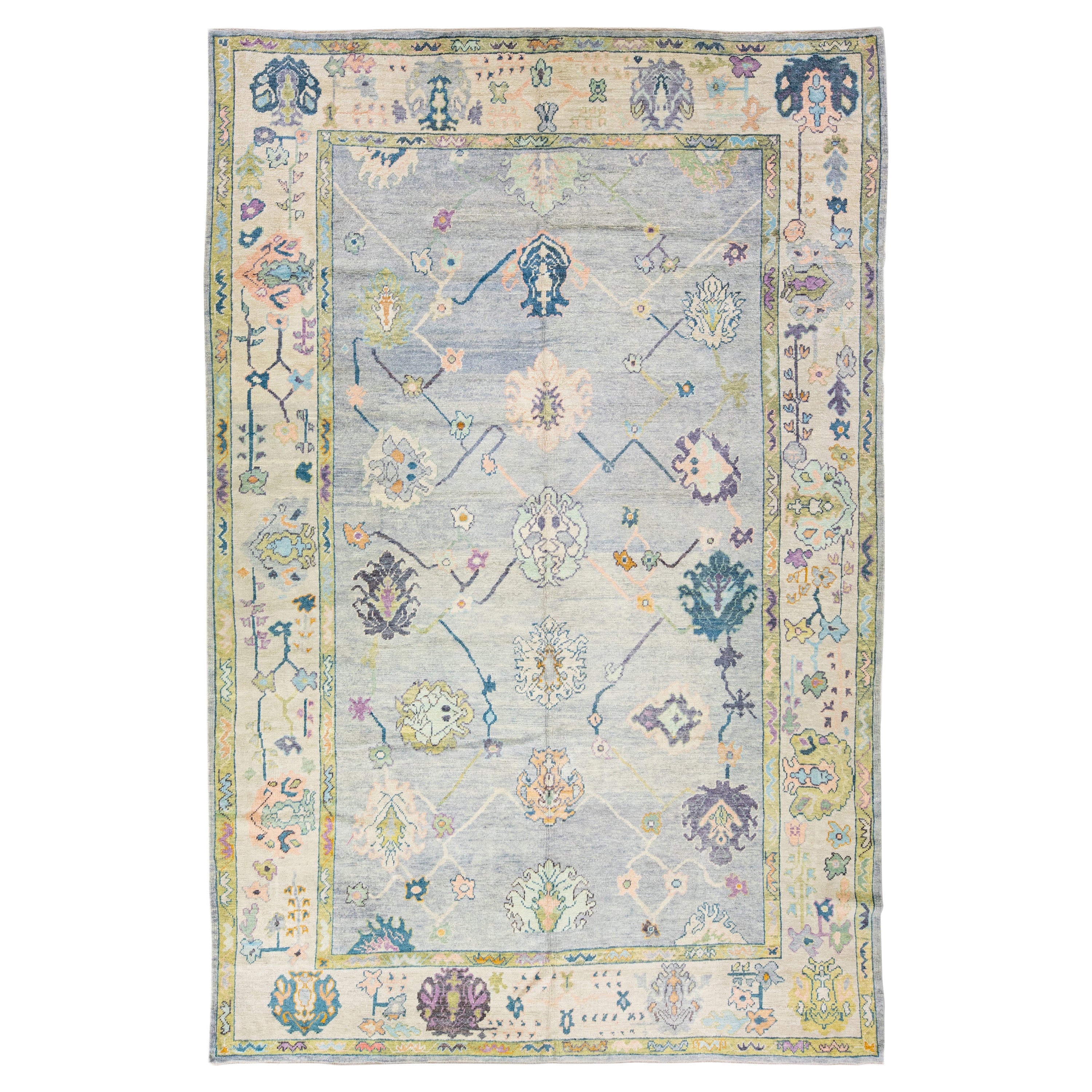 Tappeto moderno turco Oushak grigio in lana oversize floreale fatto a mano