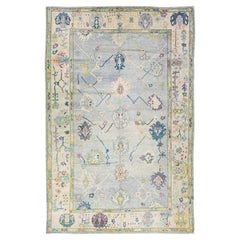 Tappeto moderno turco Oushak grigio in lana oversize floreale fatto a mano