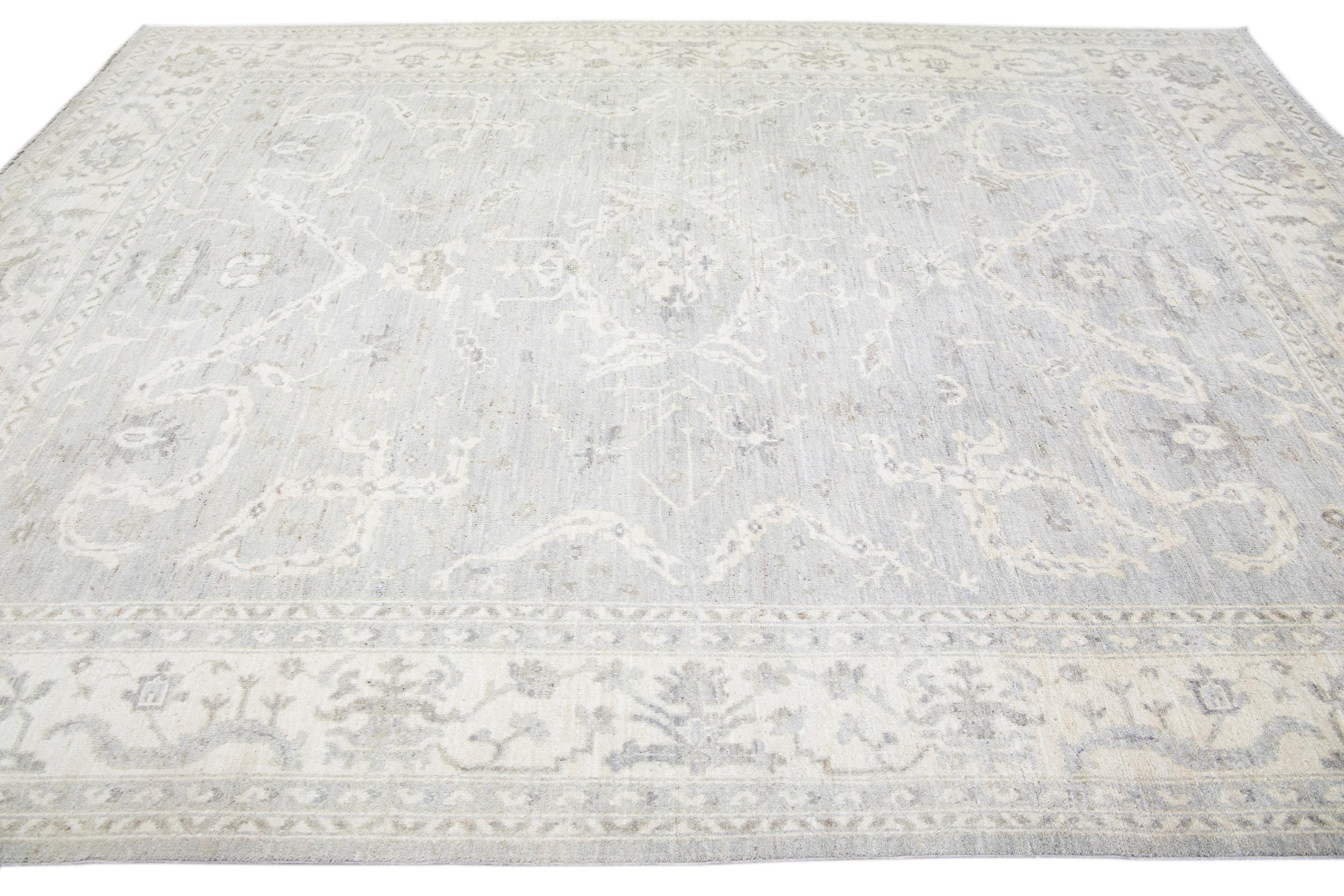 Contemporary Modern Turkish Oushak Gray  Handmade Floral Wool Rug For Sale