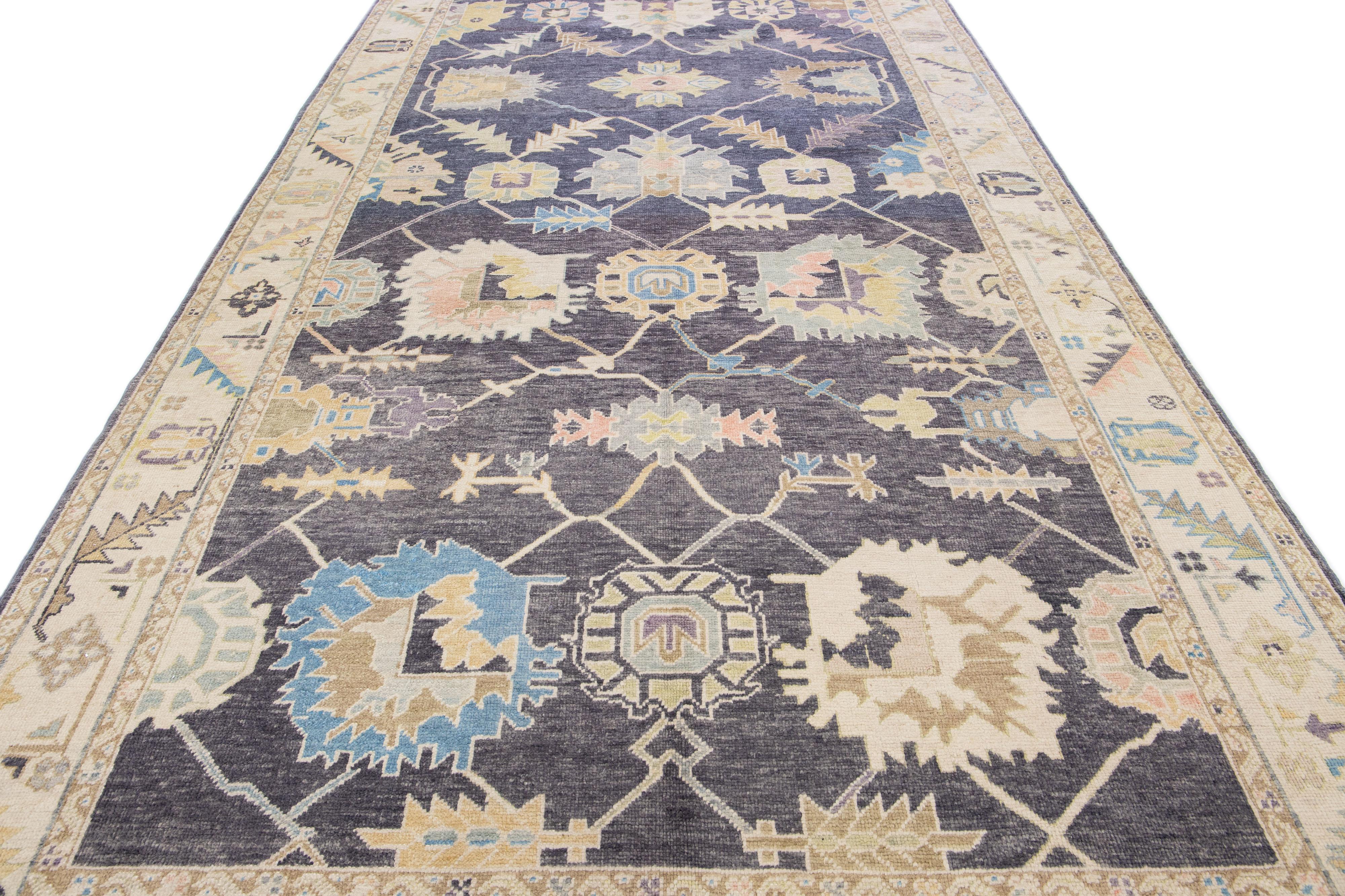 Hand-Knotted Modern Turkish Oushak Gray Handmade Wool Rug with Allover Design For Sale