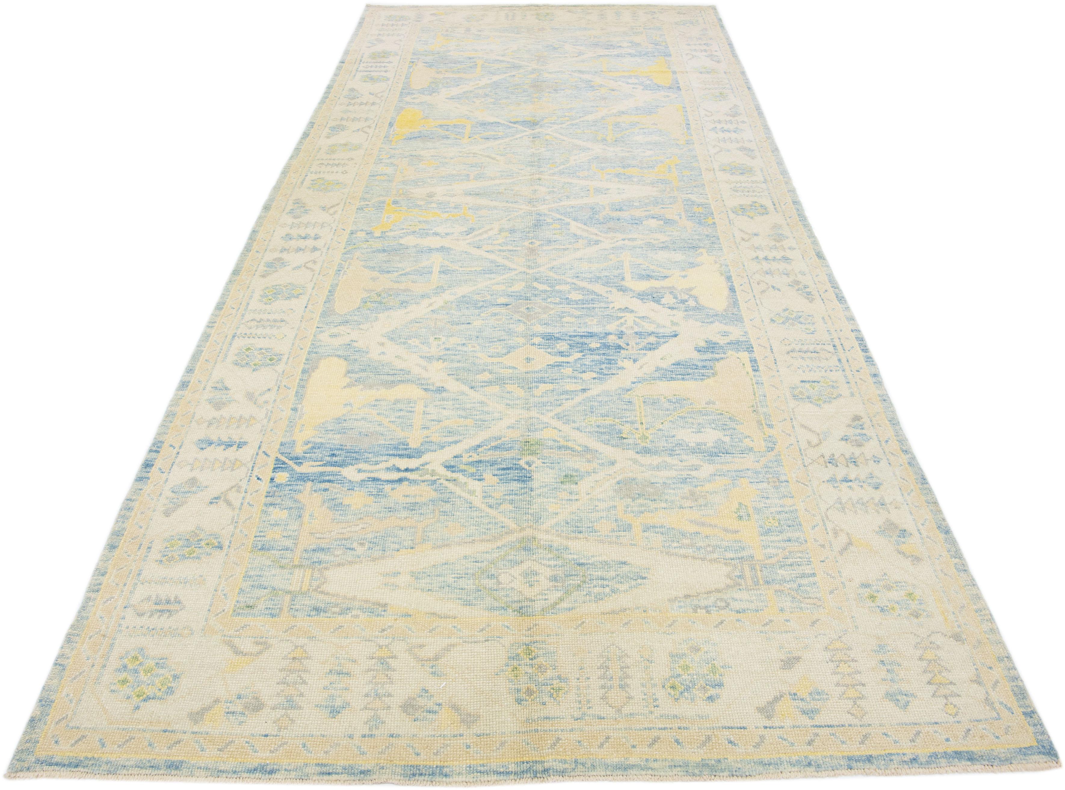 Hand-Knotted Modern Turkish Oushak Handmade Beige & Blue Wool Runner with Allover Motif For Sale