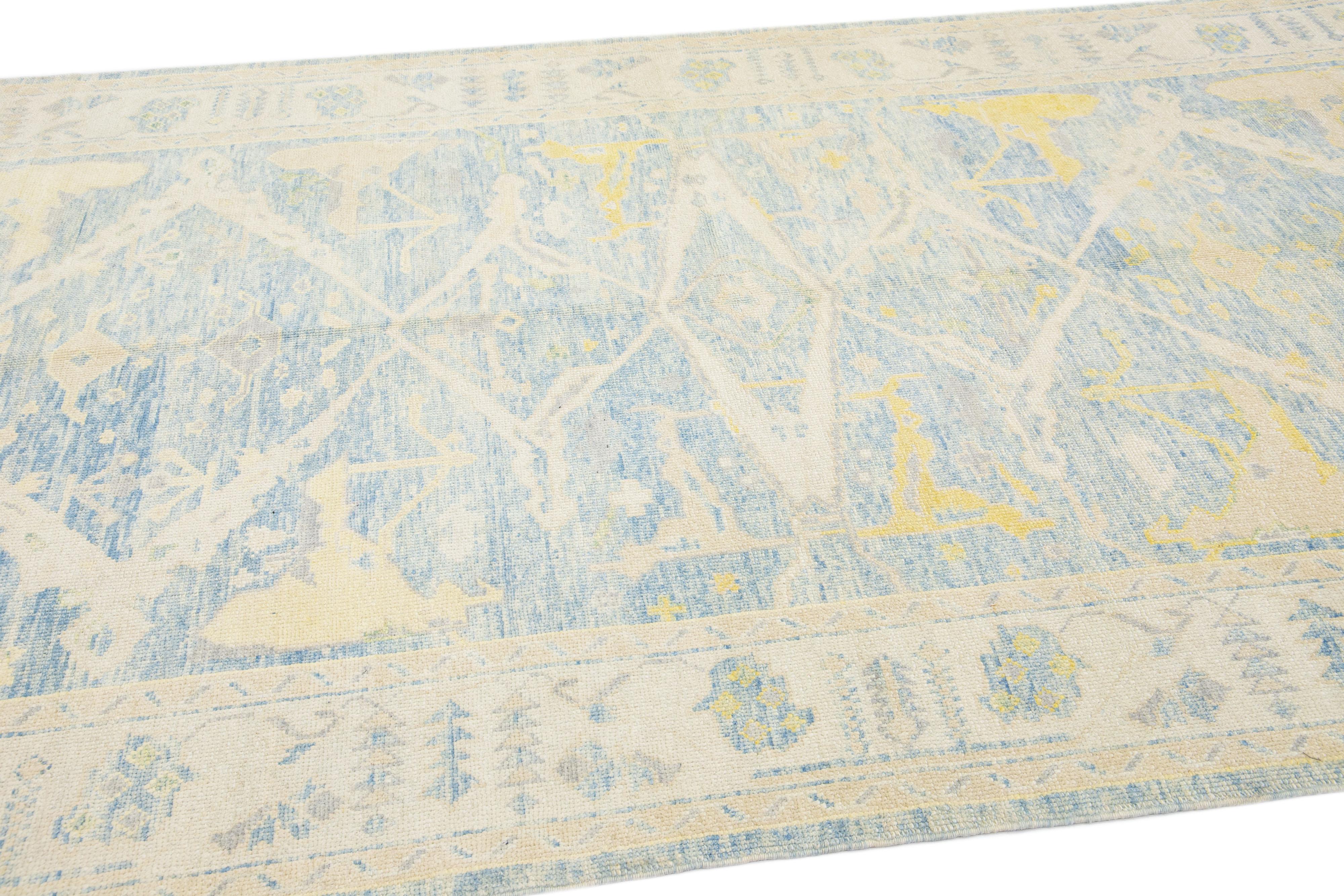 Modern Turkish Oushak Handmade Beige & Blue Wool Runner with Allover Motif In New Condition For Sale In Norwalk, CT