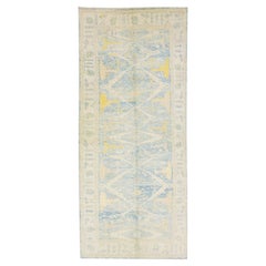 Modern Turkish Oushak Handmade Beige & Blue Wool Runner with Allover Motif