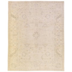 Modern Turkish Oushak Handmade Beige Geometric Floral Pattern Wool Rug