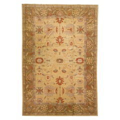Modern Turkish Oushak Handmade Beige Wool Rug With Floral Motif