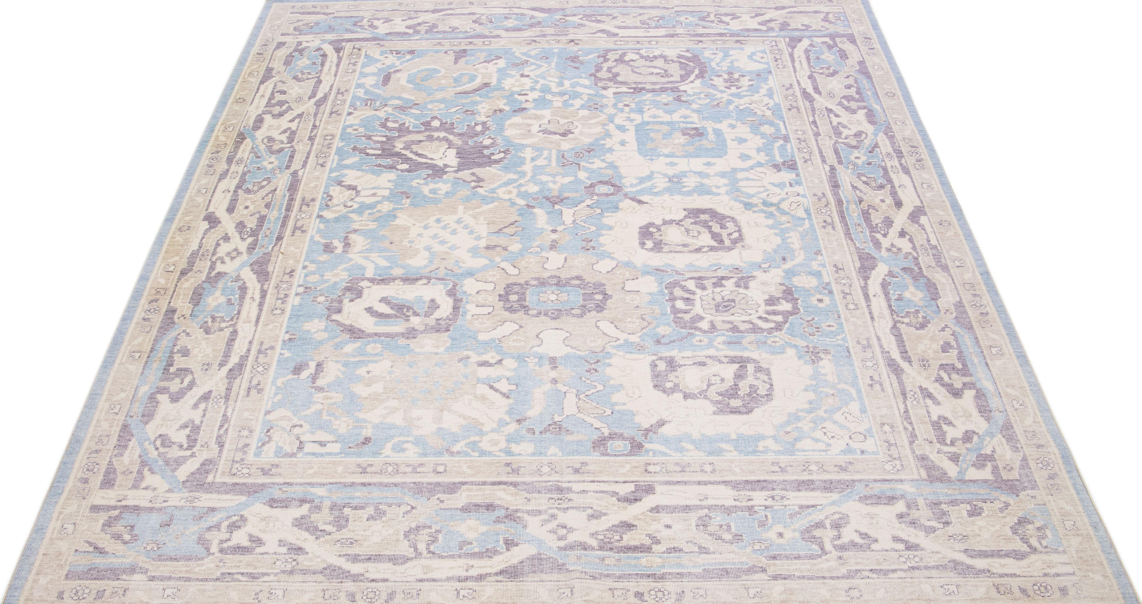 Hand-Knotted Modern Turkish Oushak Handmade Blue Allover Floral Room size Wool Rug For Sale