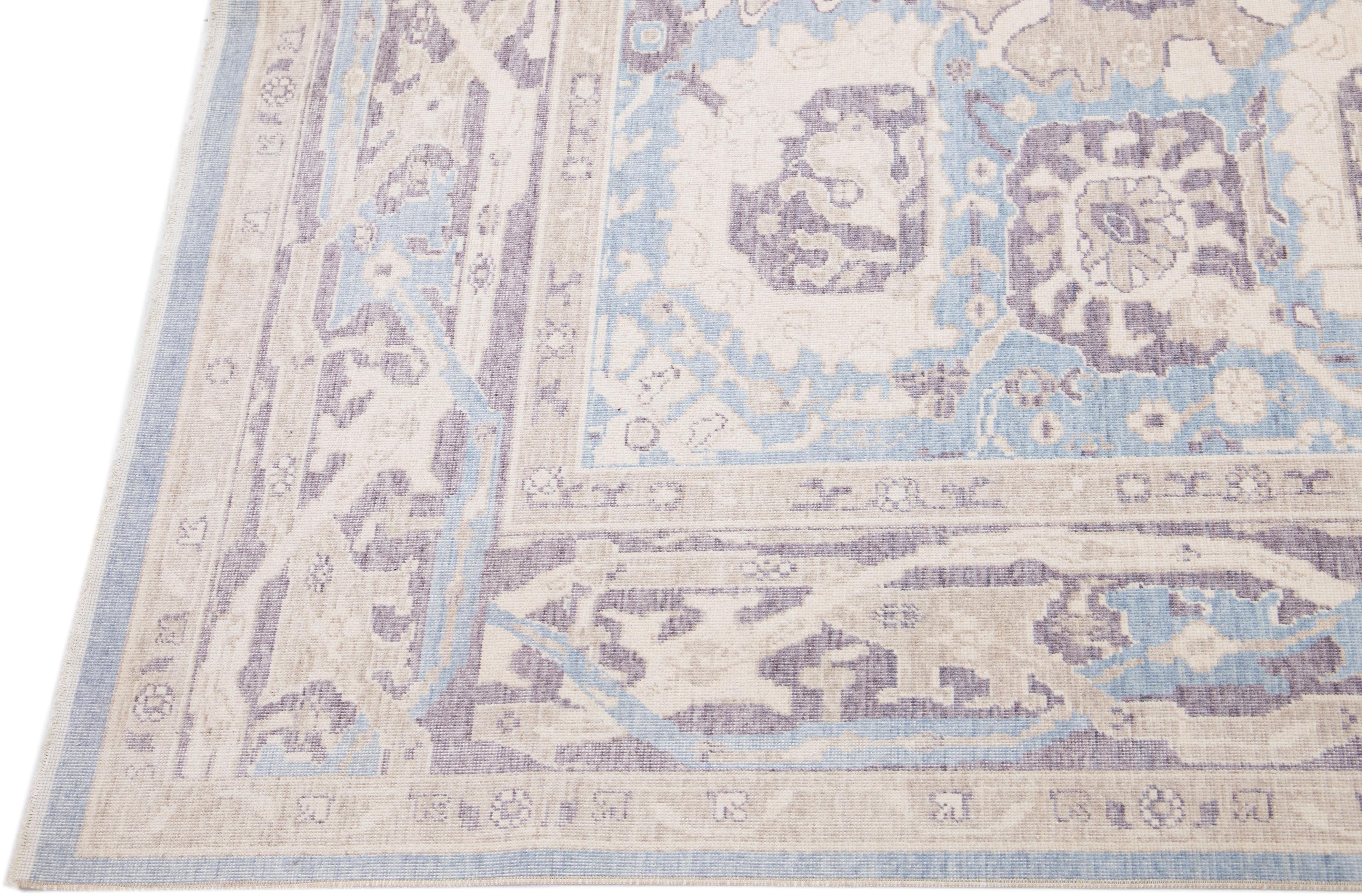 Modern Turkish Oushak Handmade Blue Allover Floral Room size Wool Rug In New Condition For Sale In Norwalk, CT