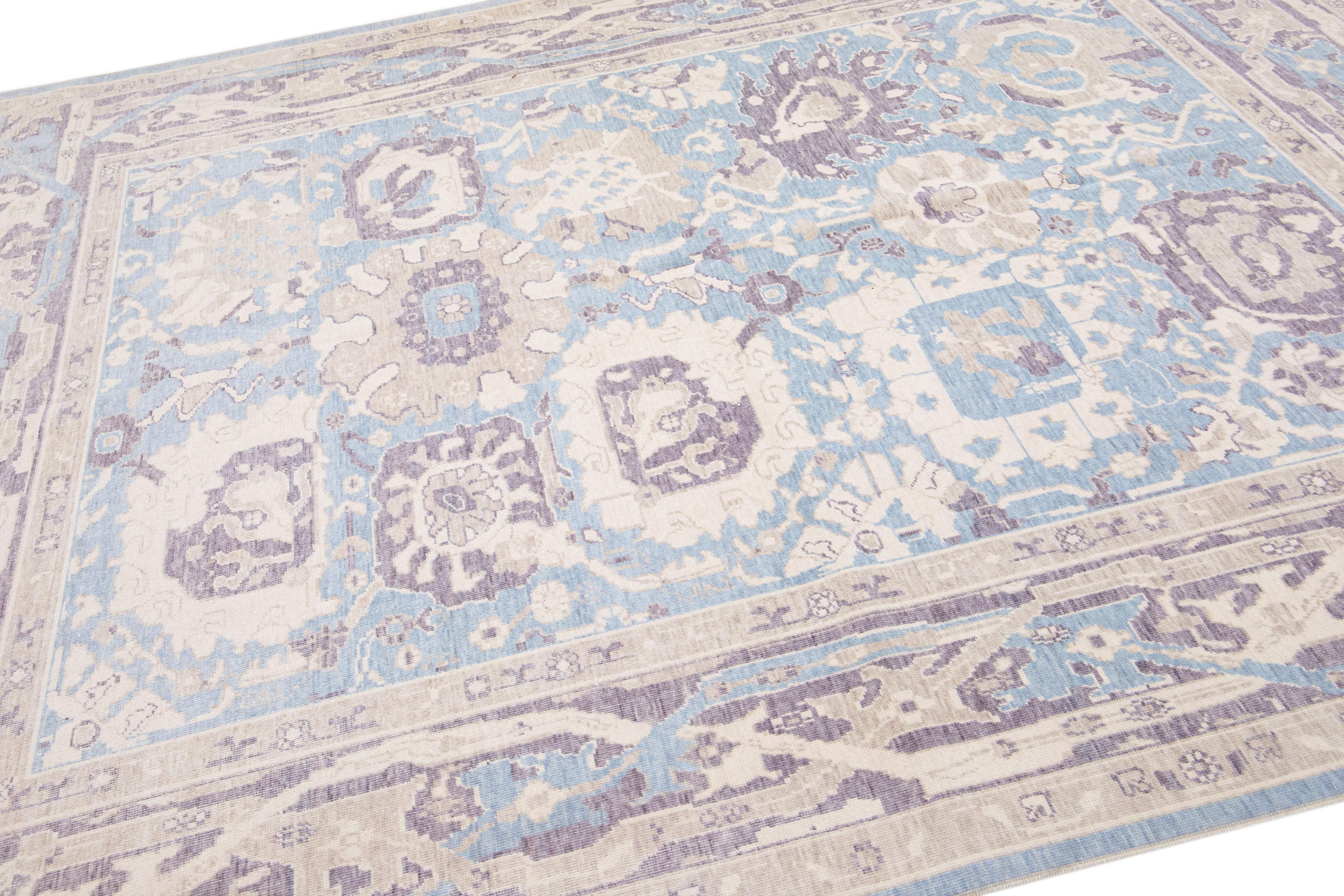 Contemporary Modern Turkish Oushak Handmade Blue Allover Floral Room size Wool Rug For Sale