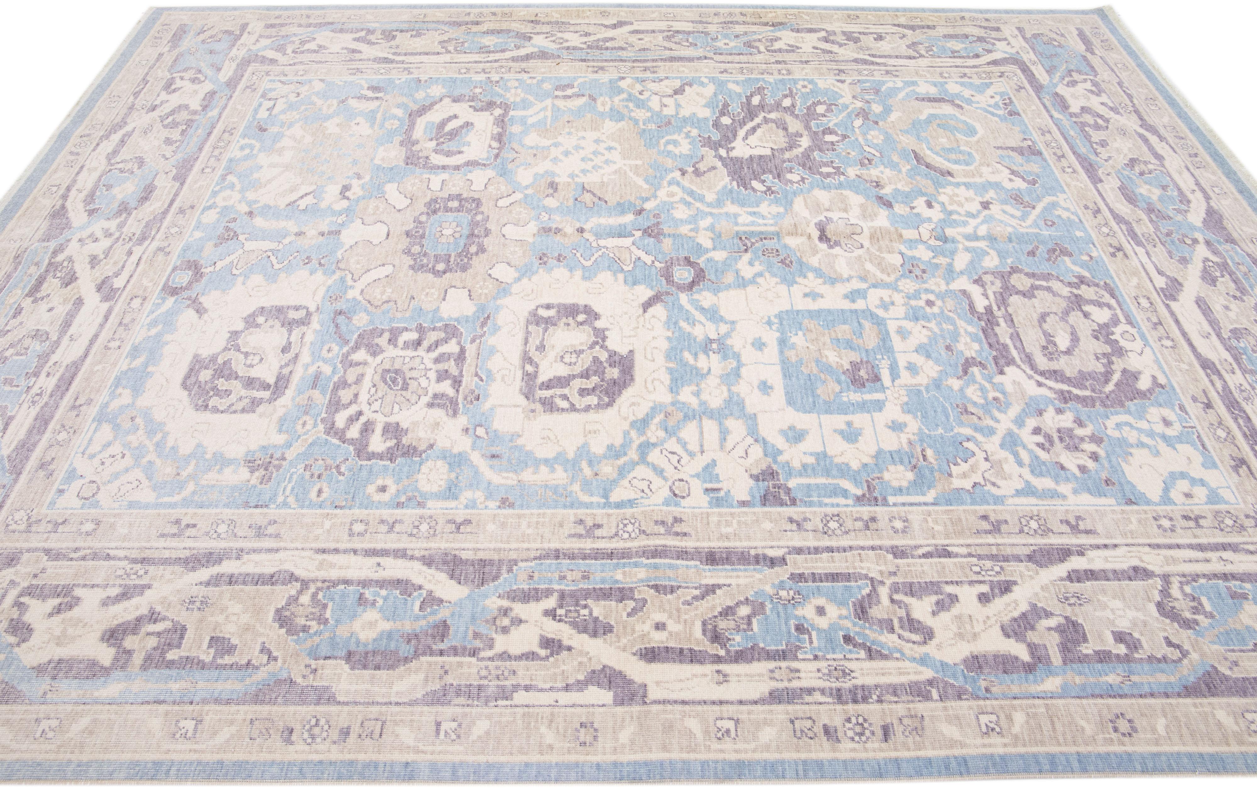 Modern Turkish Oushak Handmade Blue Allover Floral Room size Wool Rug For Sale 1