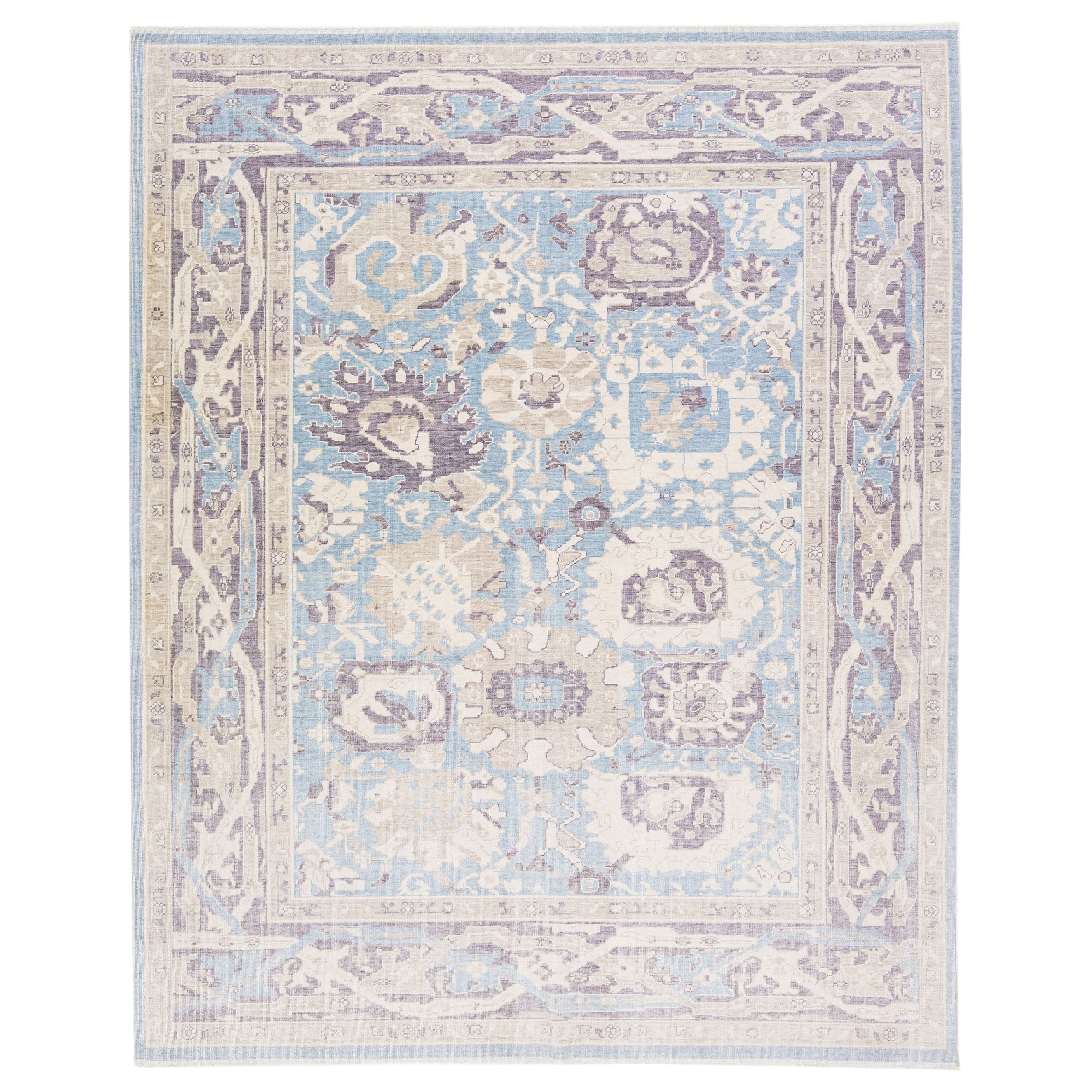 Moderner Türkischer Oushak Handgefertigter Blauer Allover Floral Raumgröße Wollteppich