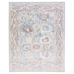 Moderner Türkischer Oushak Handgefertigter Blauer Allover Floral Raumgröße Wollteppich