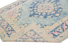 Modern Turkish Oushak Handmade Blue & Pink Medallion Wool Runner