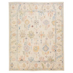 Tappeto moderno turco Oushak in lana oversize beige floreale fatto a mano