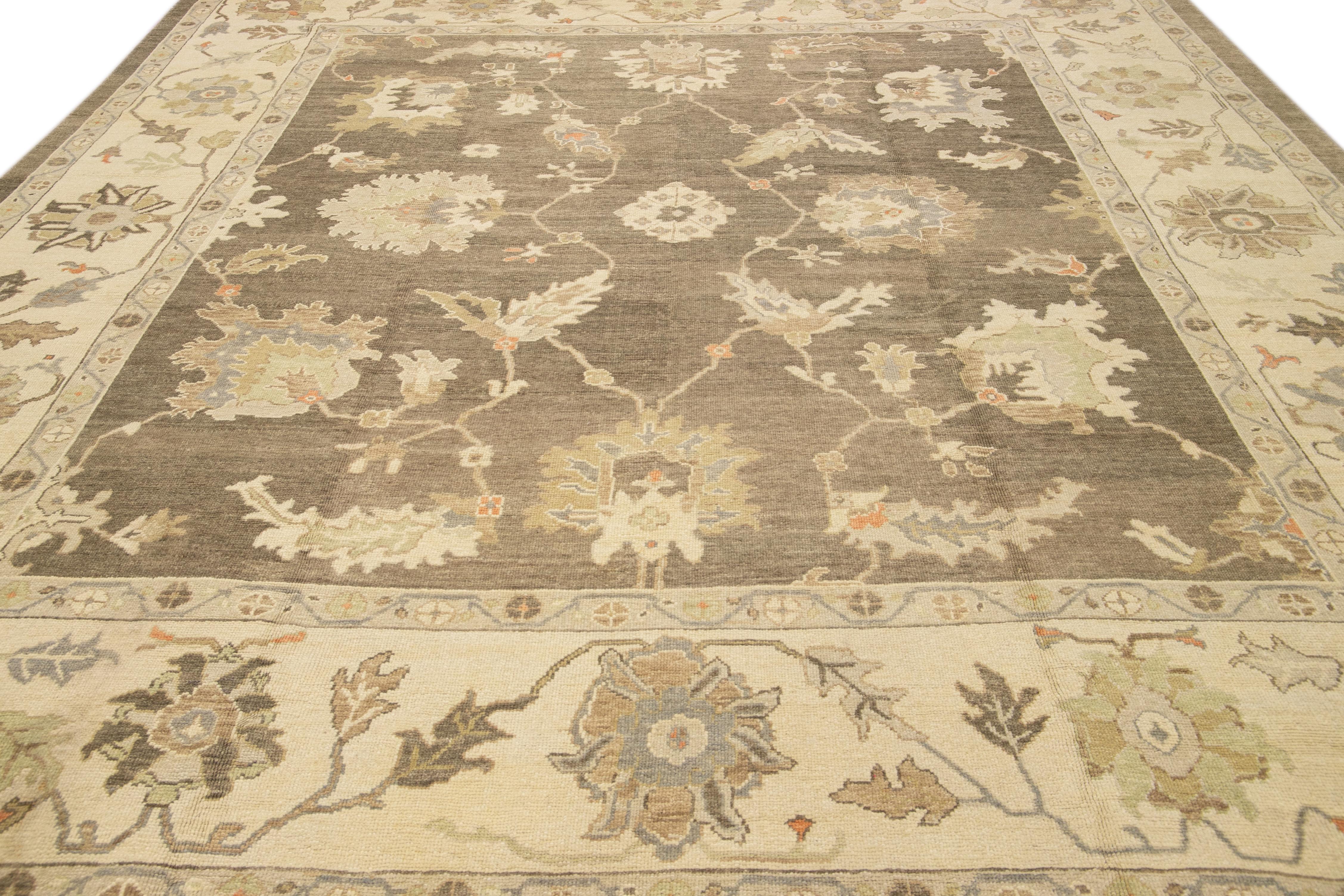 Hand-Knotted Modern Turkish Oushak Handmade Floral Brown Wool Rug For Sale
