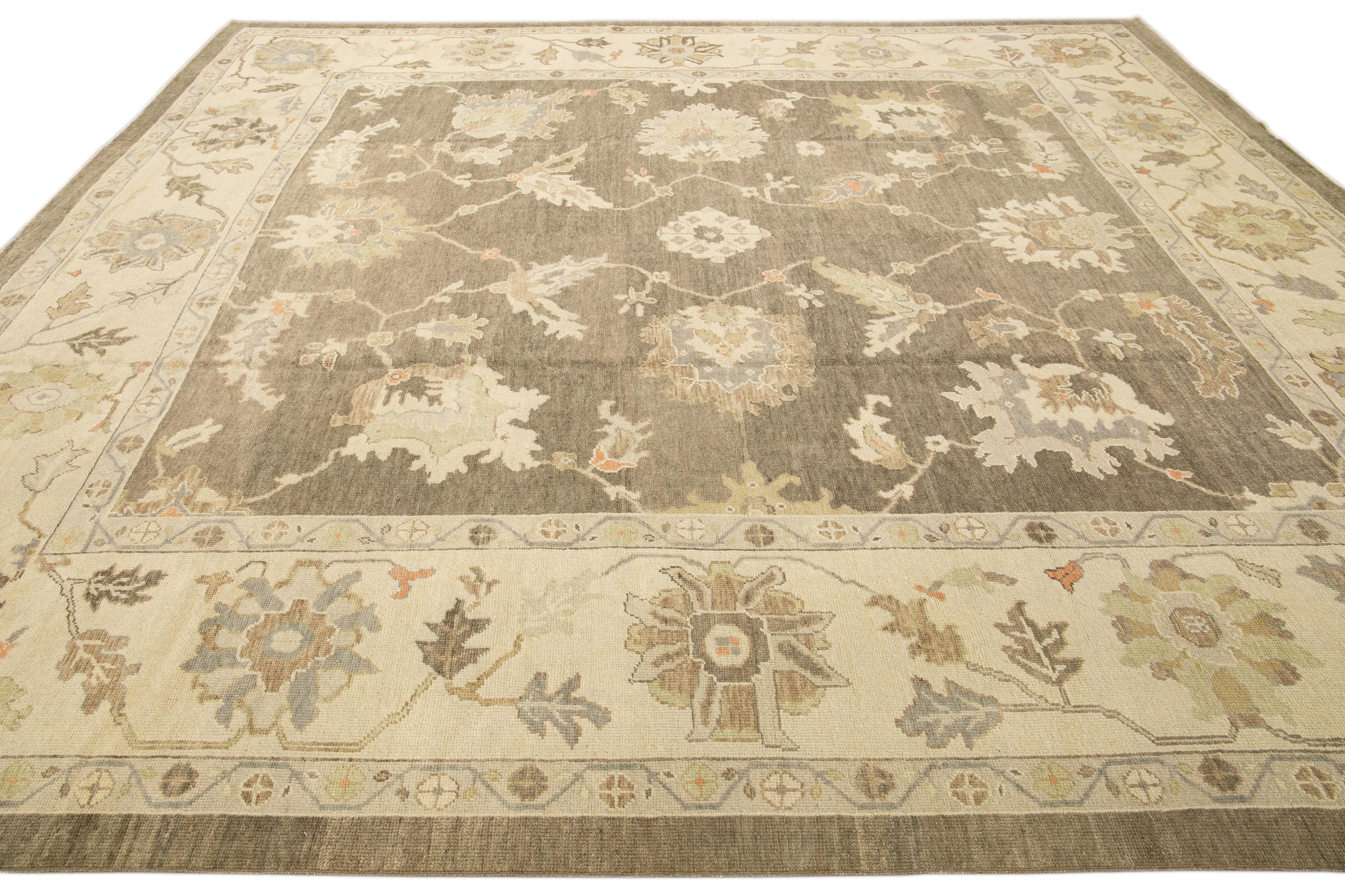 Contemporary Modern Turkish Oushak Handmade Floral Brown Wool Rug For Sale
