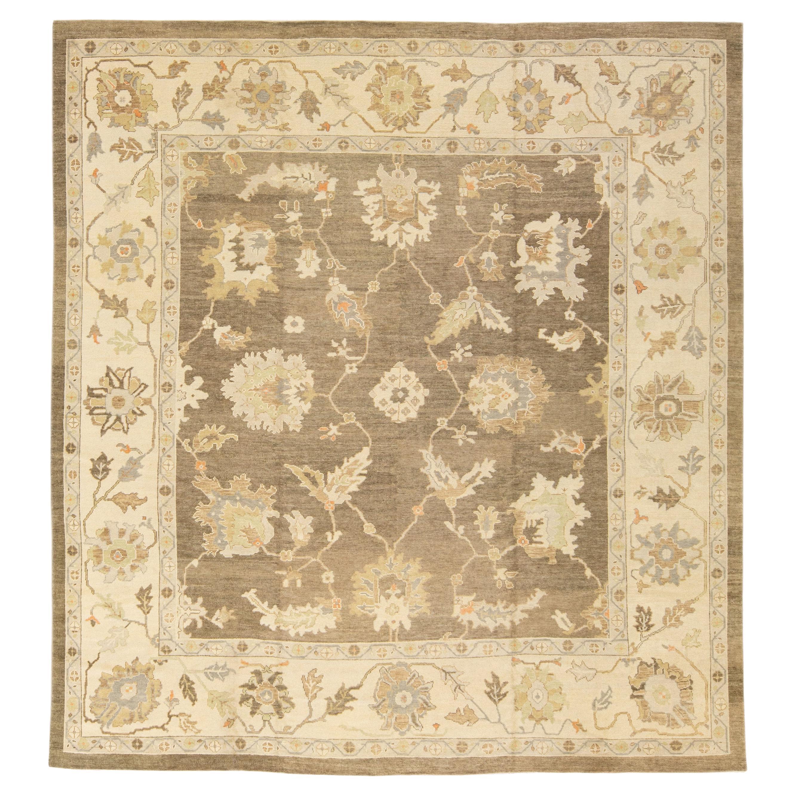 Modern Turkish Oushak Handmade Floral Brown Wool Rug For Sale