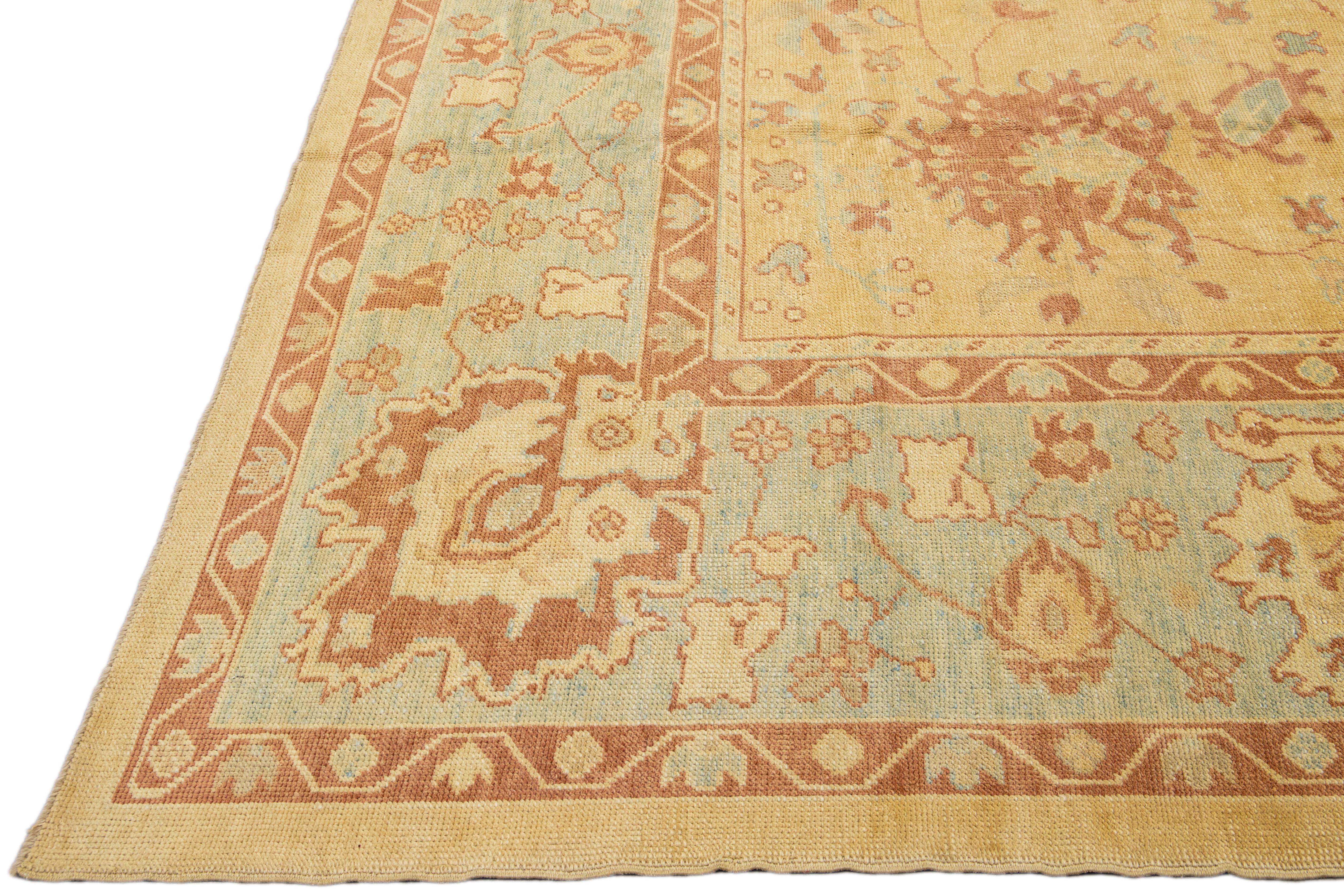 Modern Turkish Oushak Handmade Floral Goldenrod Oversize Wool Rug In New Condition For Sale In Norwalk, CT