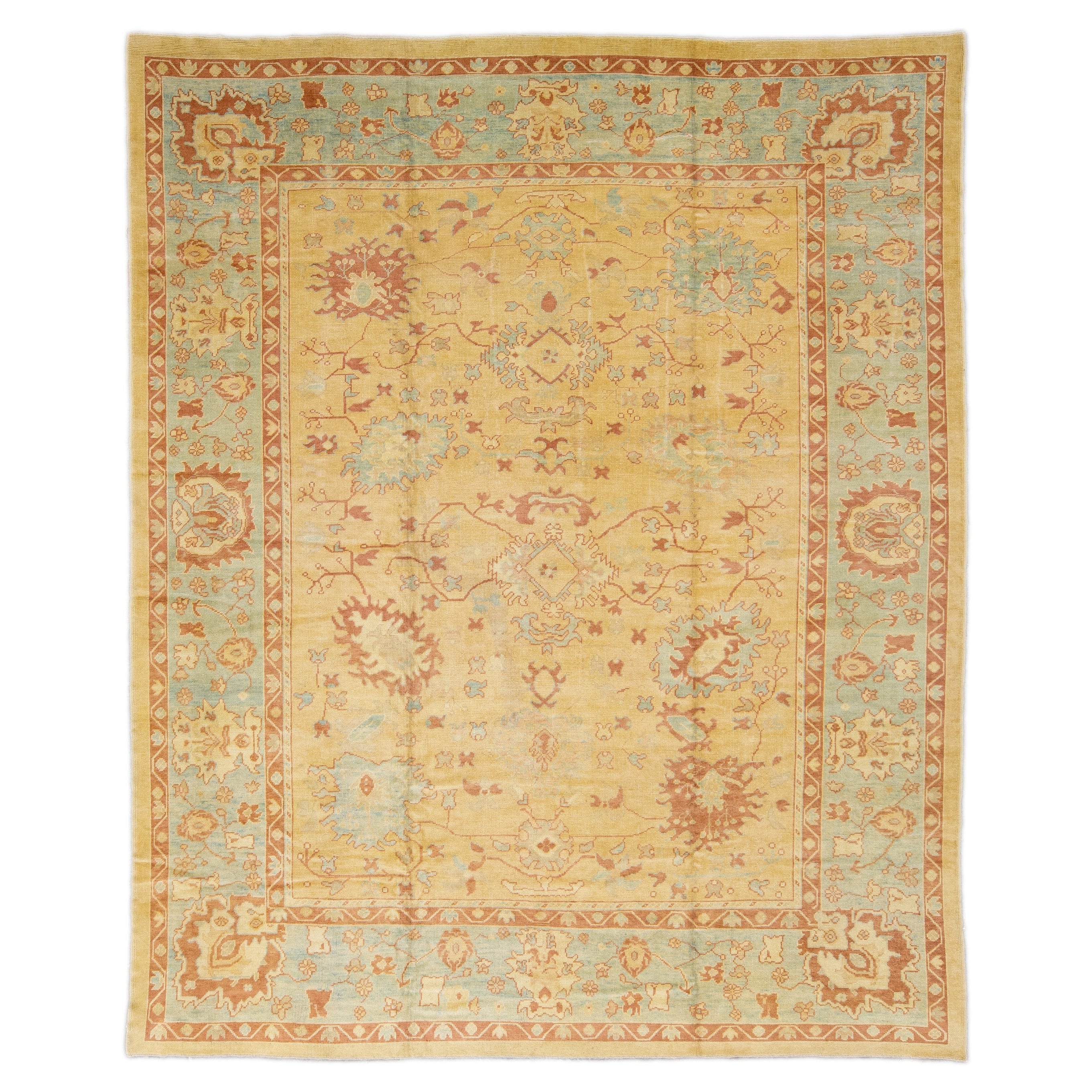 Tappeto moderno turco Oushak fatto a mano in lana oversize con motivo floreale Goldenrod
