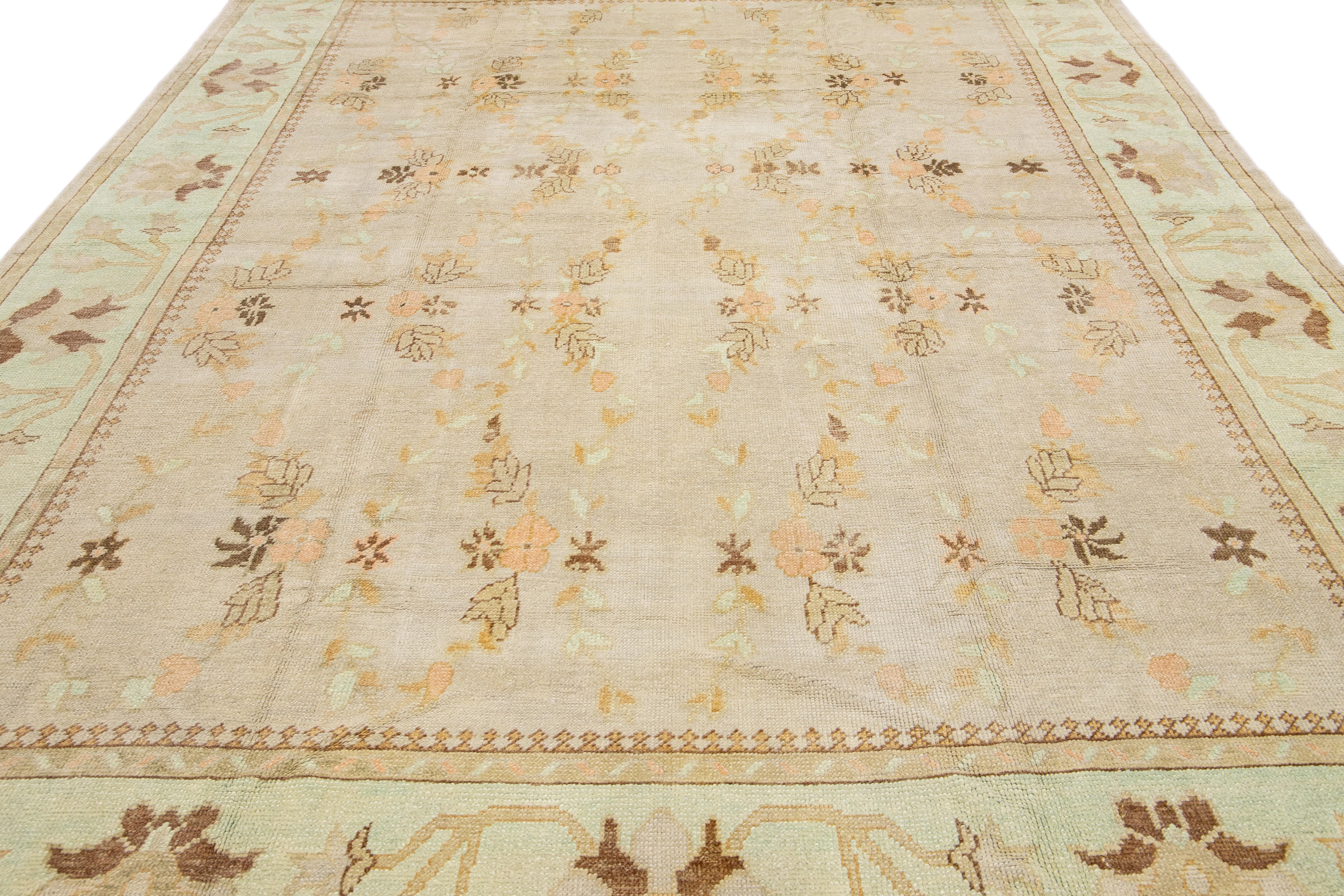 Hand-Knotted Modern Turkish Oushak Handmade Floral Motif Beige and Green Wool Rug For Sale